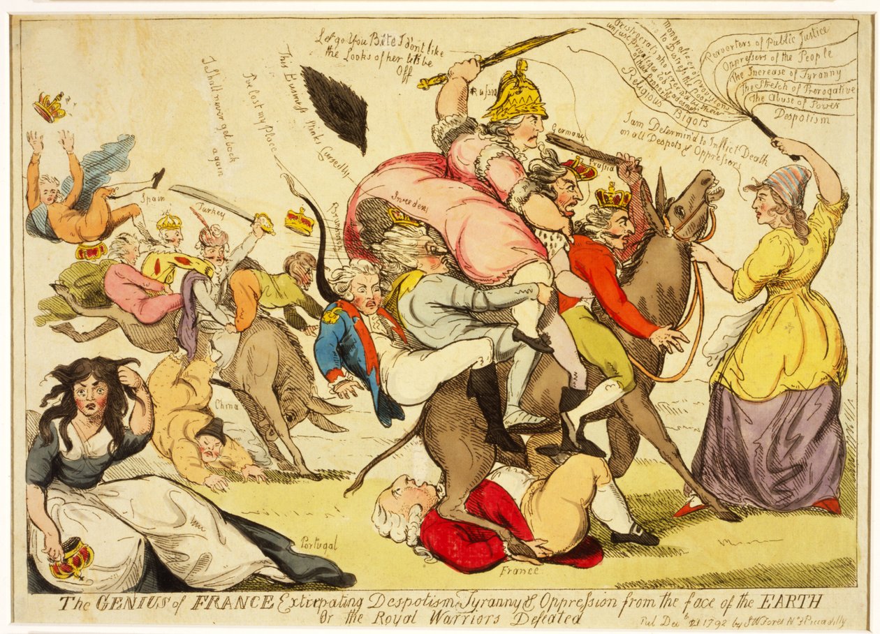 Frankrigs geni, der udrydder despotisme, tyranni og undertrykkelse fra jordens ansigt eller de kongelige krigere besejrede, pub. 1792 (håndfarvet radering) af Isaac Cruikshank