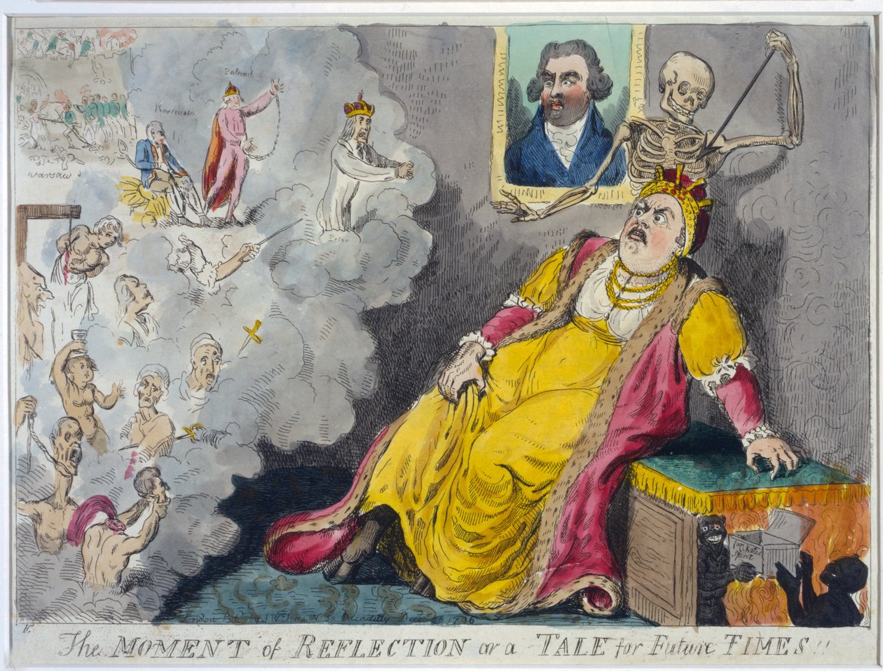 Refleksionens øjeblik eller en fortælling om fremtidige tider, pub. 1796 (håndfarvet radering) af Isaac Cruikshank