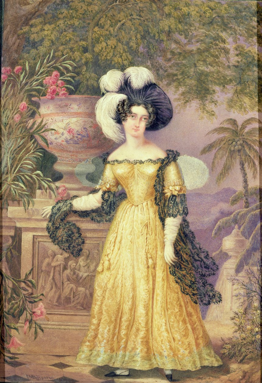 Lady Rowe, stående lille i fuld længde på en terrasse, med et månelyst jamaicansk landskab bag sig af Isaac Mendes Belisario