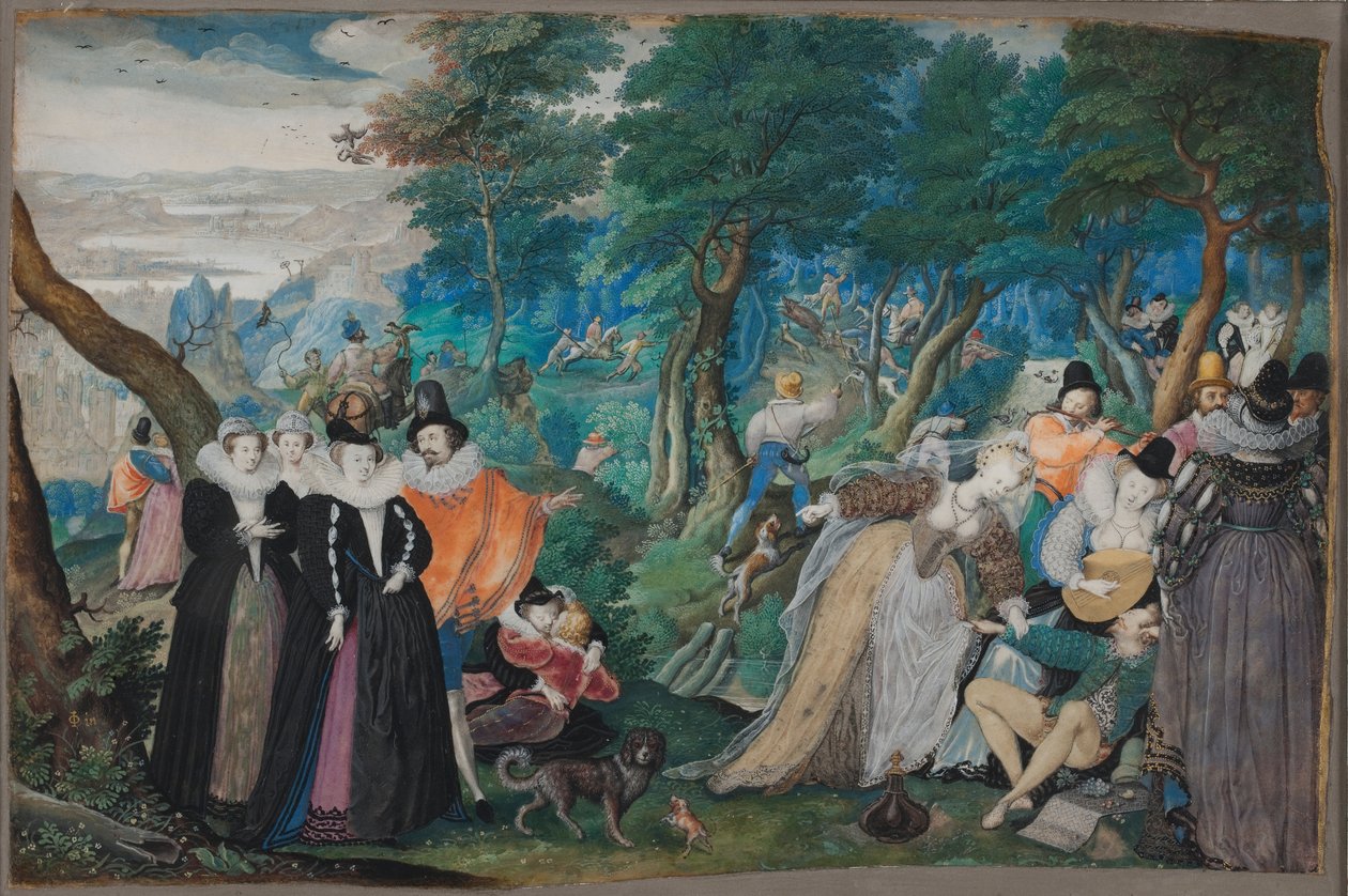En fest i det fri. Allegori om ægtefælleskærlighed, ca. 1590-1595 (gouache og akvarel på pergament klæbet på karton) af Isaac Oliver