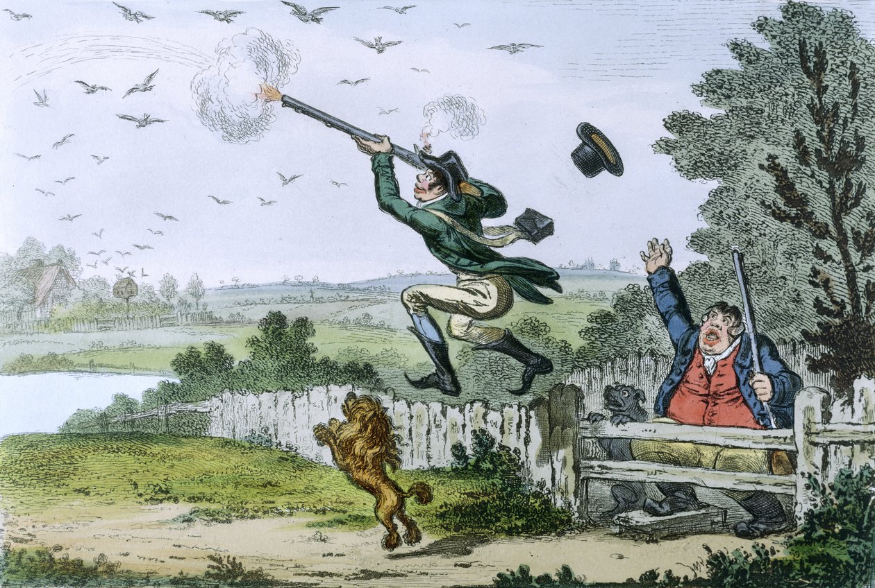 Cockney Sportsmen: Shooting Flying, indgraveret af James Gillray (1757-1815) 1800 (håndfarvet radering) af Isaac Robert Cruikshank