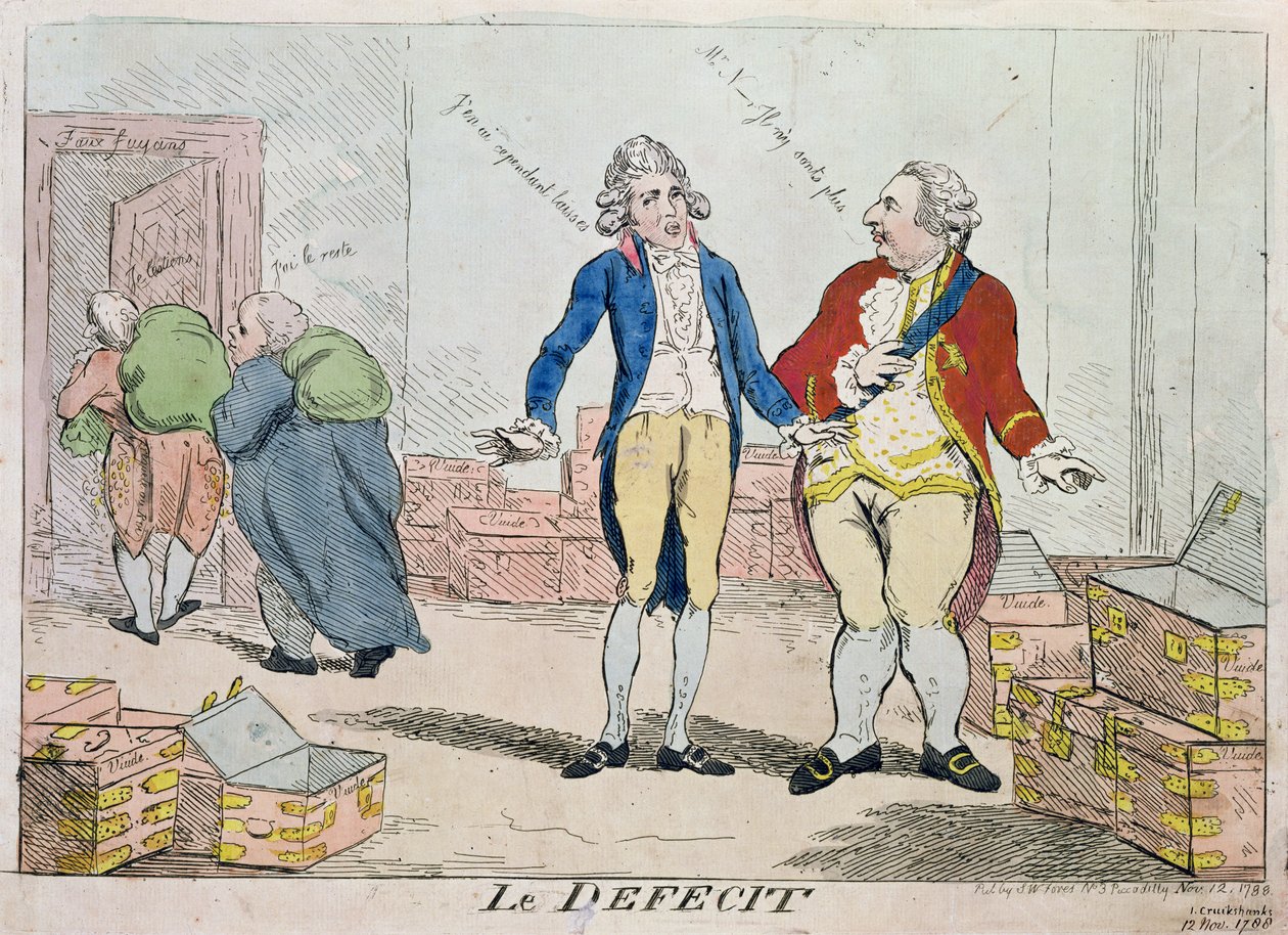 Le Deficit, 1788 (farveætsning) af Isaac Robert Cruikshank