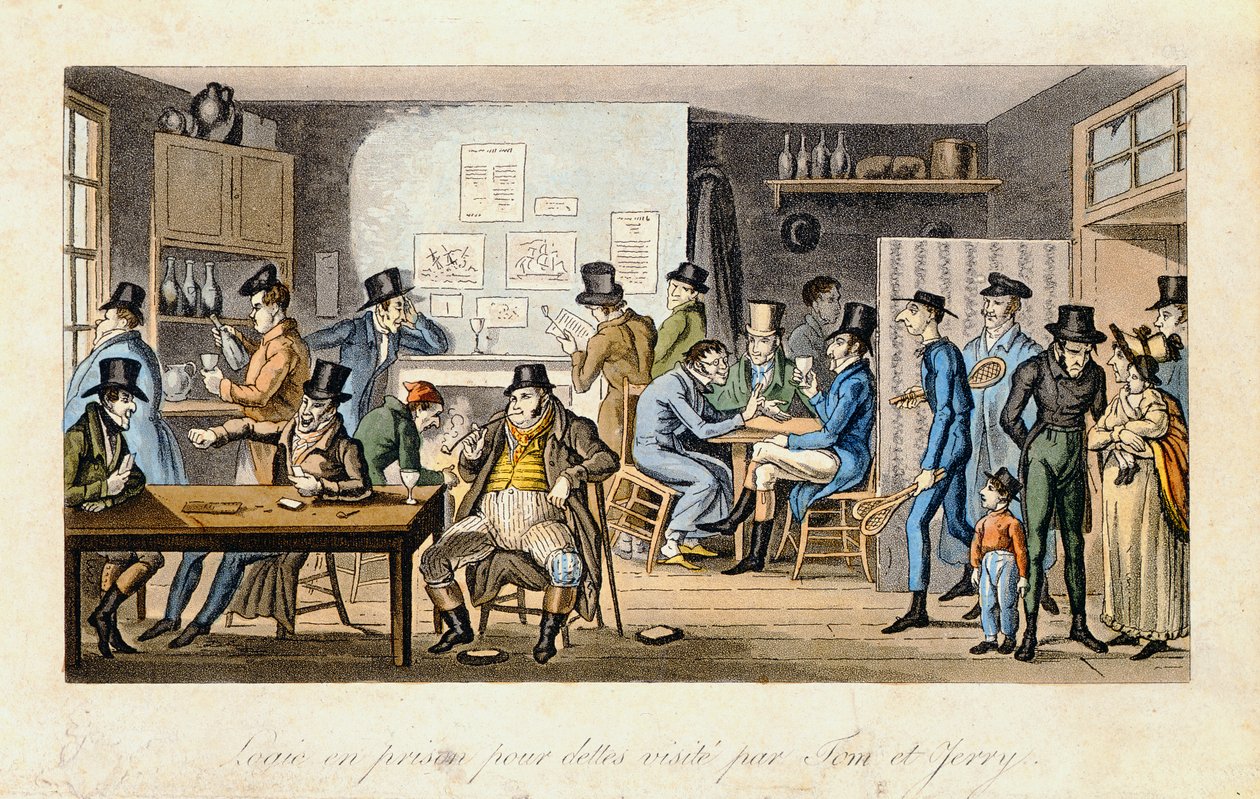 Logik i et gældsfængsel får besøg af Tom og Jerry, fra "Life in London" af Pierce Egan, 1821-22 (farvet akvaratint) af Isaac Robert Cruikshank