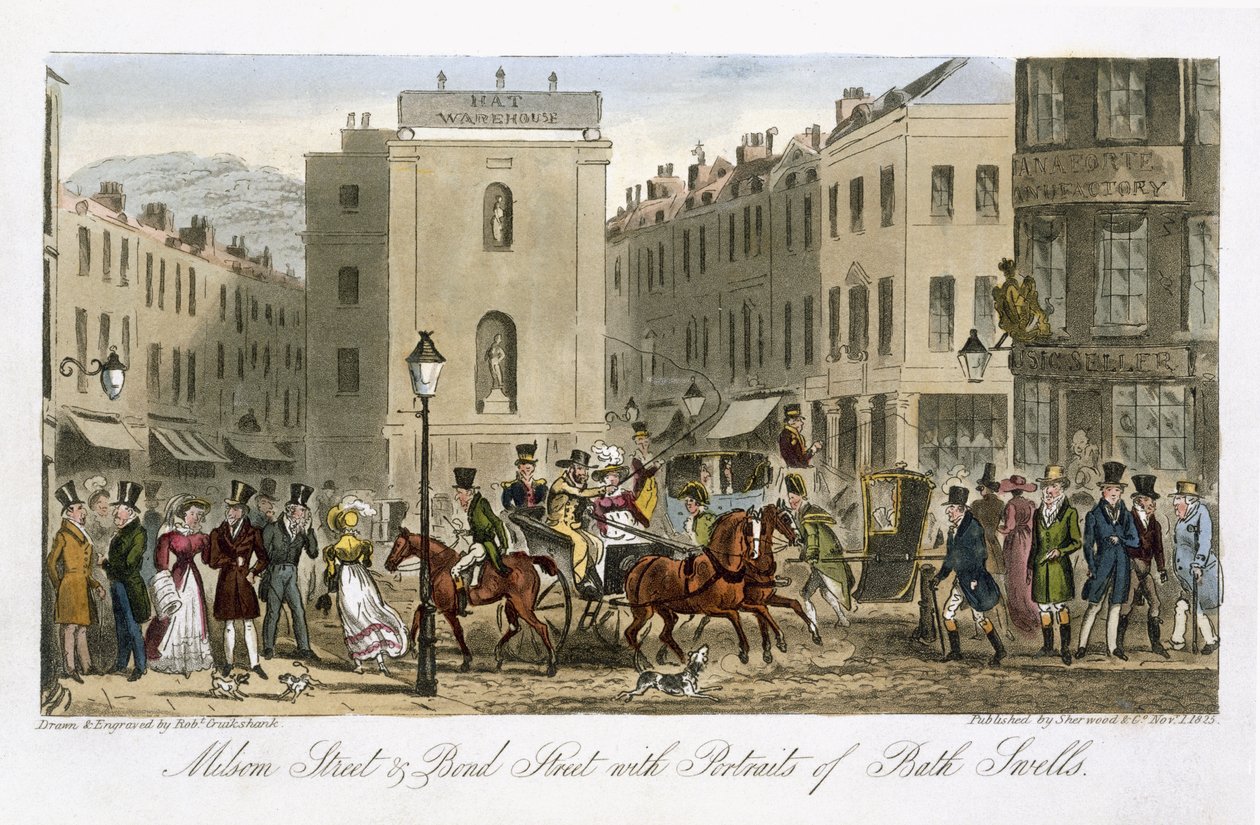 Milsom Street und Bond Street med portrætter af Bath Swells, fra 