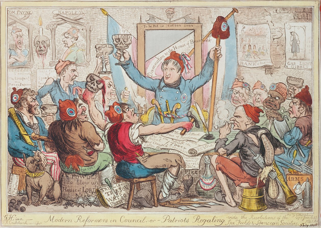 Moderne reformatorer i Rådet - eller - Patriots Regaling, 1818 (farveætsning) af Isaac Robert Cruikshank