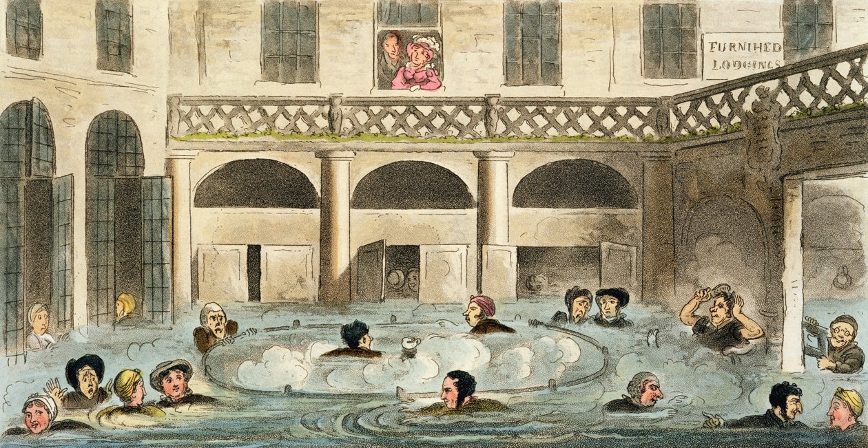 Public Bathing at Bath, eller Stewing Alive, tryk udgivet af Sherwood und Co, 1825 af Isaac Robert Cruikshank