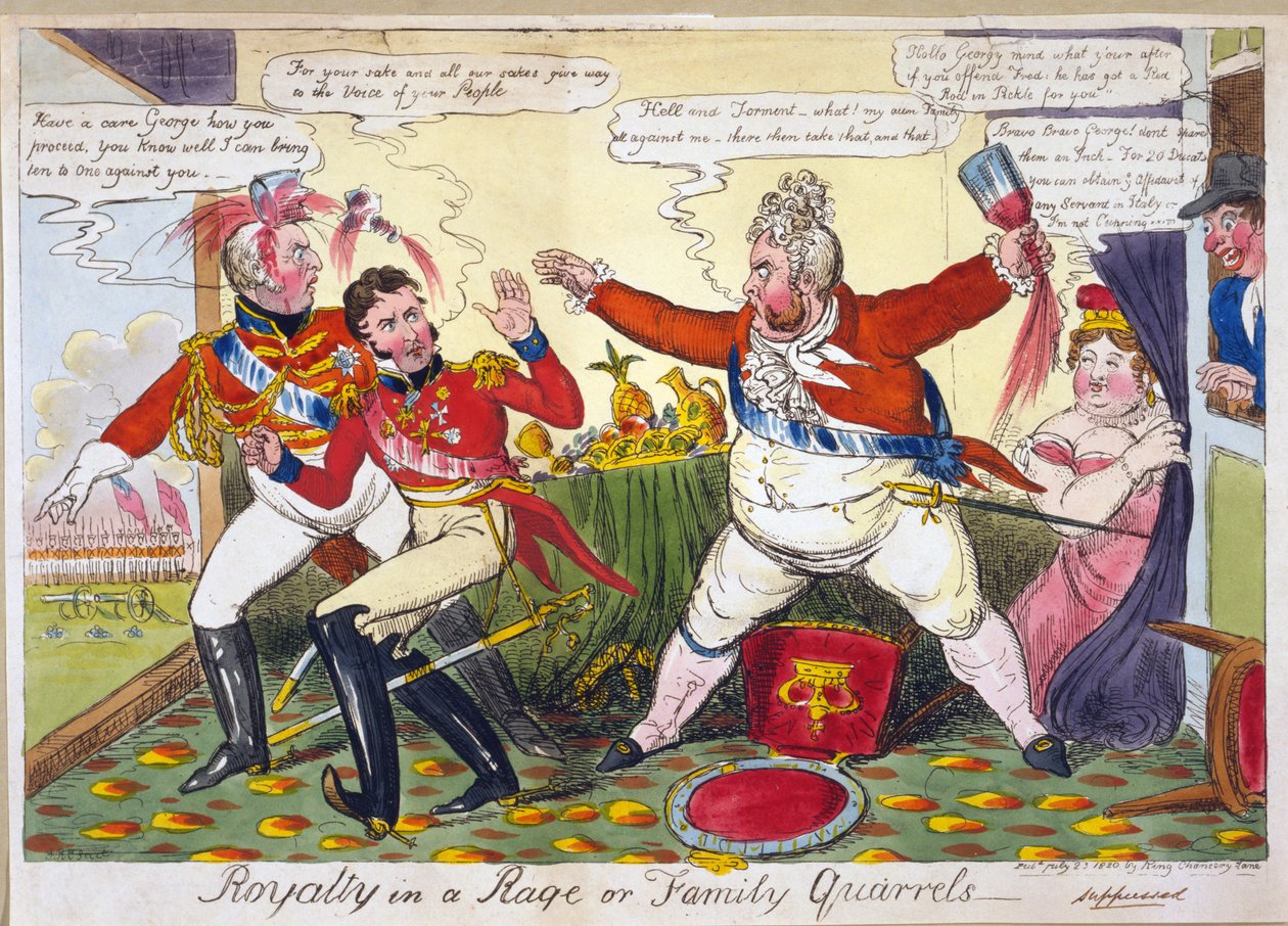 Royalty in a Rage eller Familieskænderi, pub. London, 23. juli, 1820 (håndfarvet gravering) af Isaac Robert Cruikshank