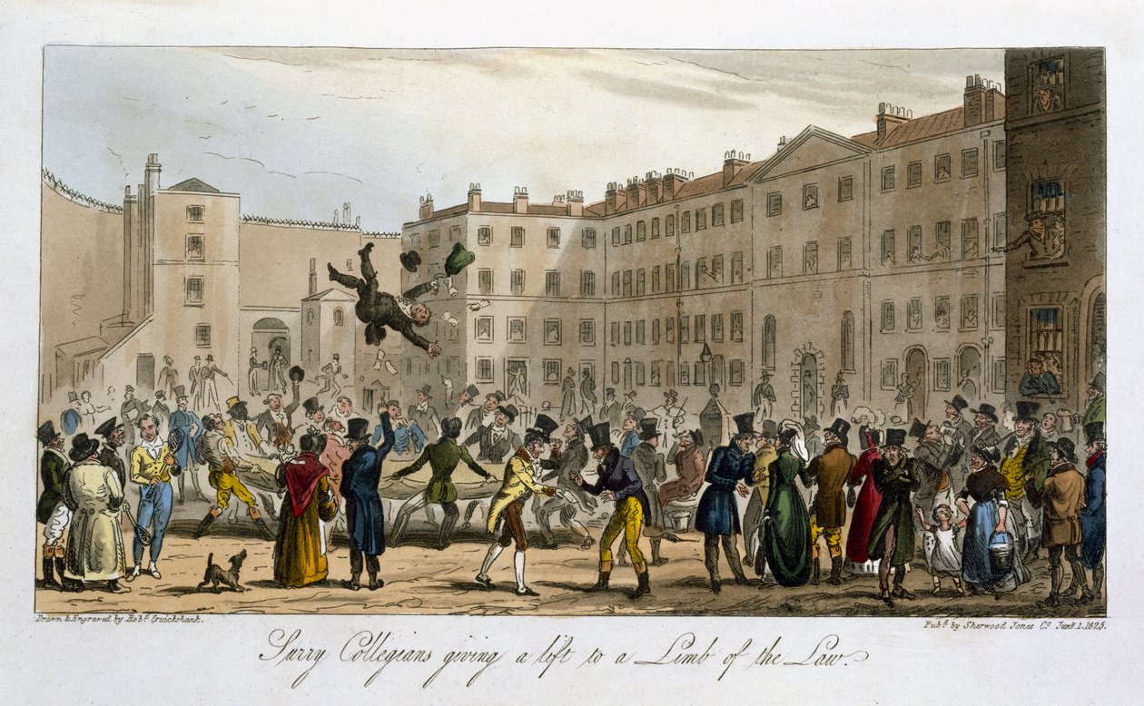 Surry Collegians giver et løft til en del af loven, fra "The English Spy", af Charles Molloy Westmacott (1788-1868) udgivet i London, 1825 af Isaac Robert Cruikshank