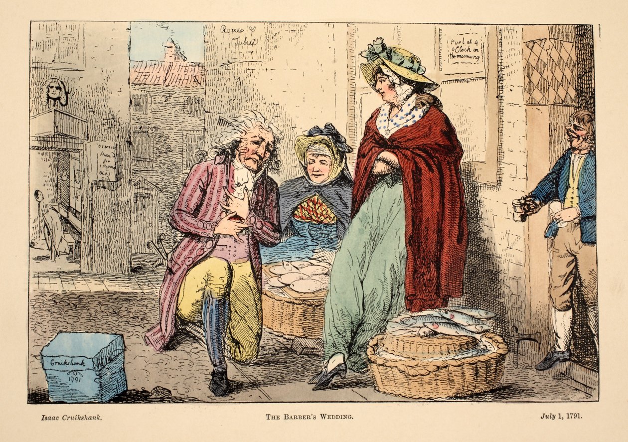 Barbers bryllup, pub. 1791 (håndfarvet gravering) af Isaac Robert Cruikshank