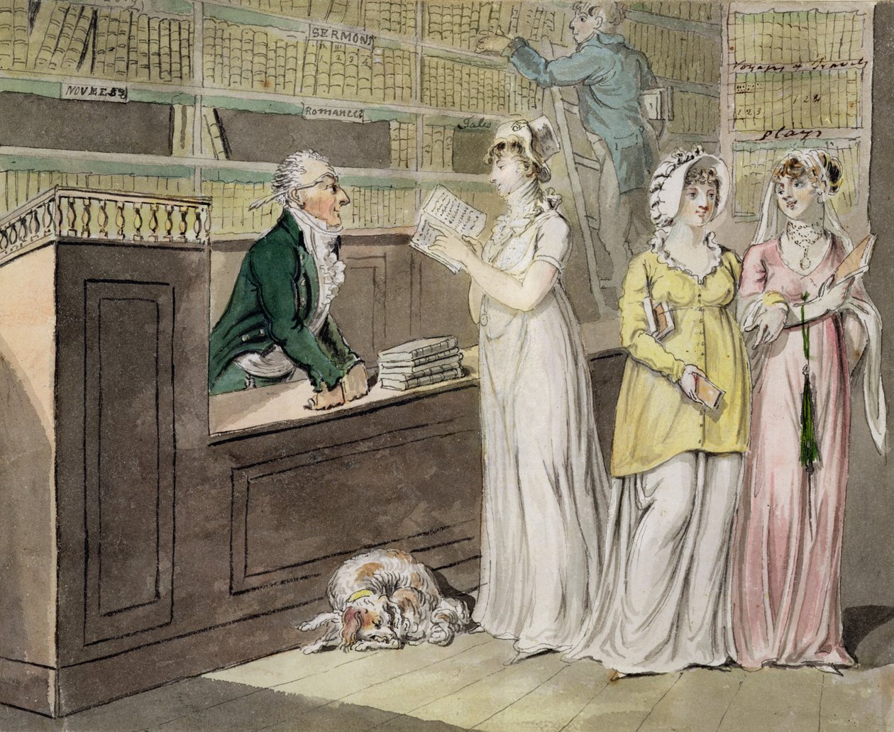 The Circulating Library (pen og blæk og wc og vask på vævet papir) af Isaac Robert Cruikshank