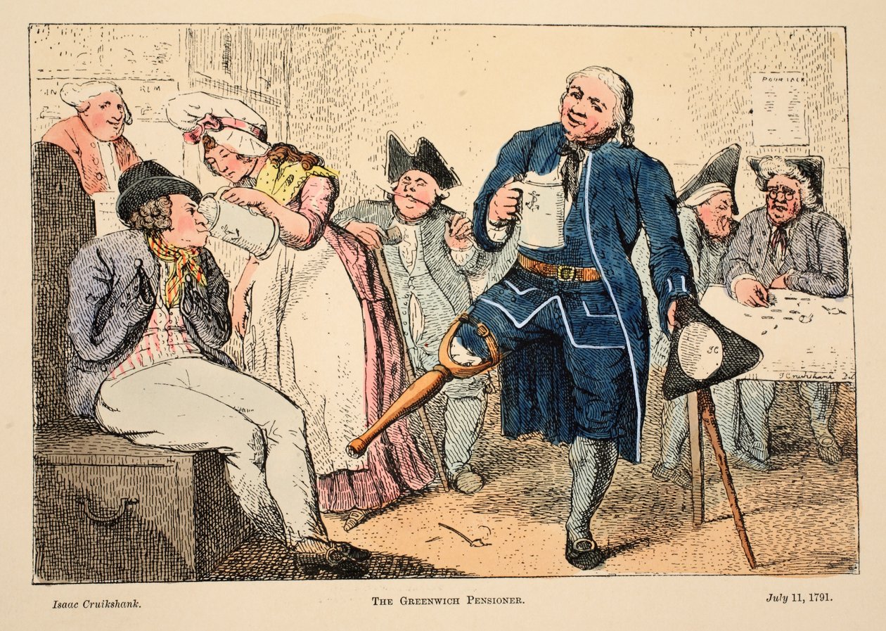 The Greenwich Pensioner, pub. 1791 (håndfarvet gravering) af Isaac Robert Cruikshank