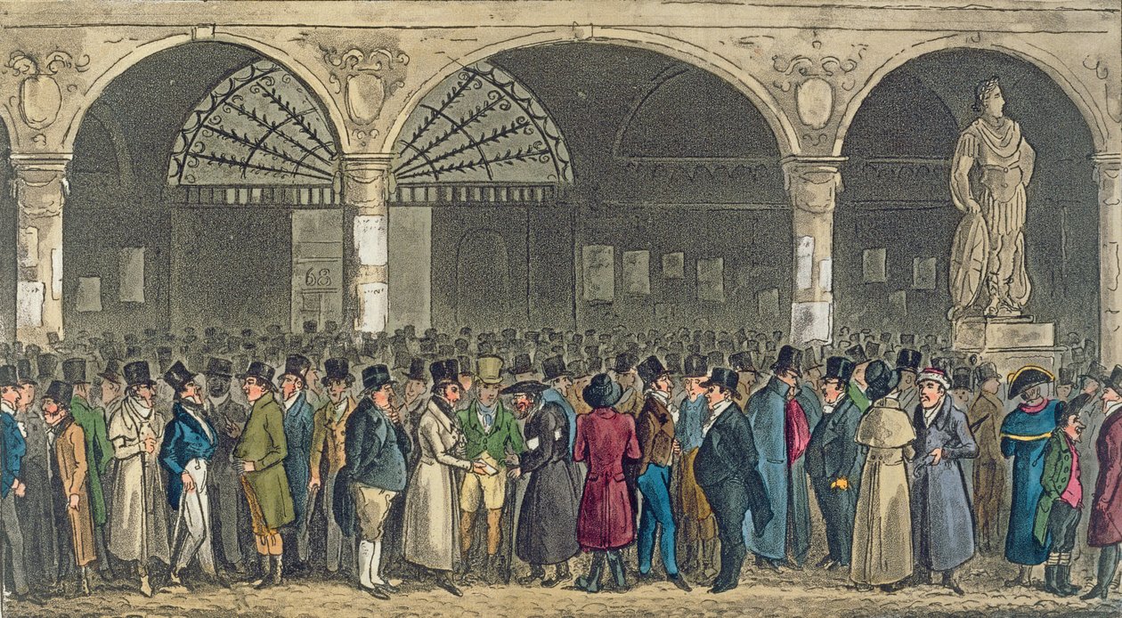 Tom og Jerry på besøg på børsen, fra "Life in London" af Pierce Egan, 1821 (farvet akvaratint) af Isaac Robert Cruikshank