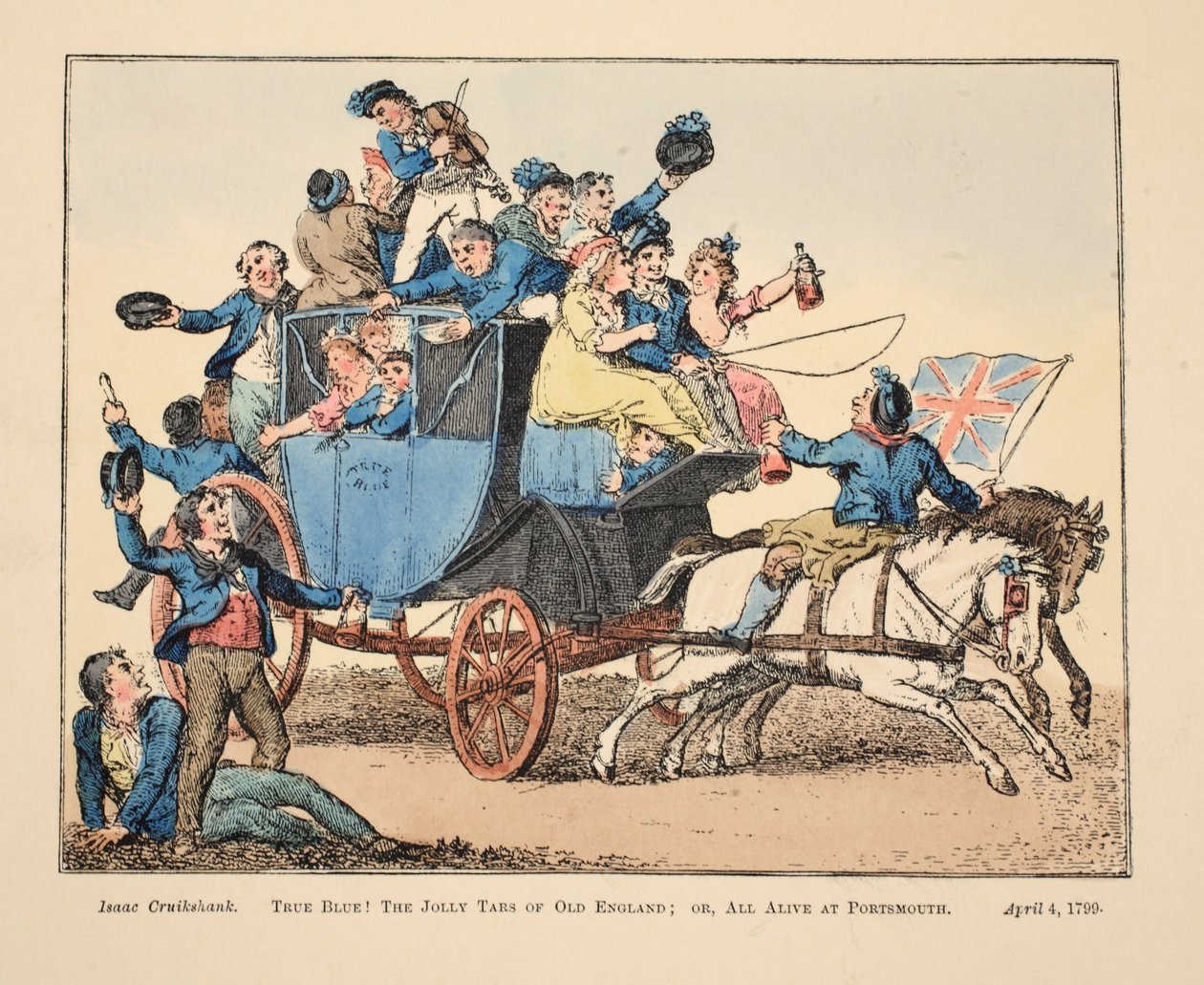 Ægte blå! The Jolly Tars of Old England; eller All Alive i Portsmouth, pub. 1799 (håndfarvet gravering) af Isaac Robert Cruikshank