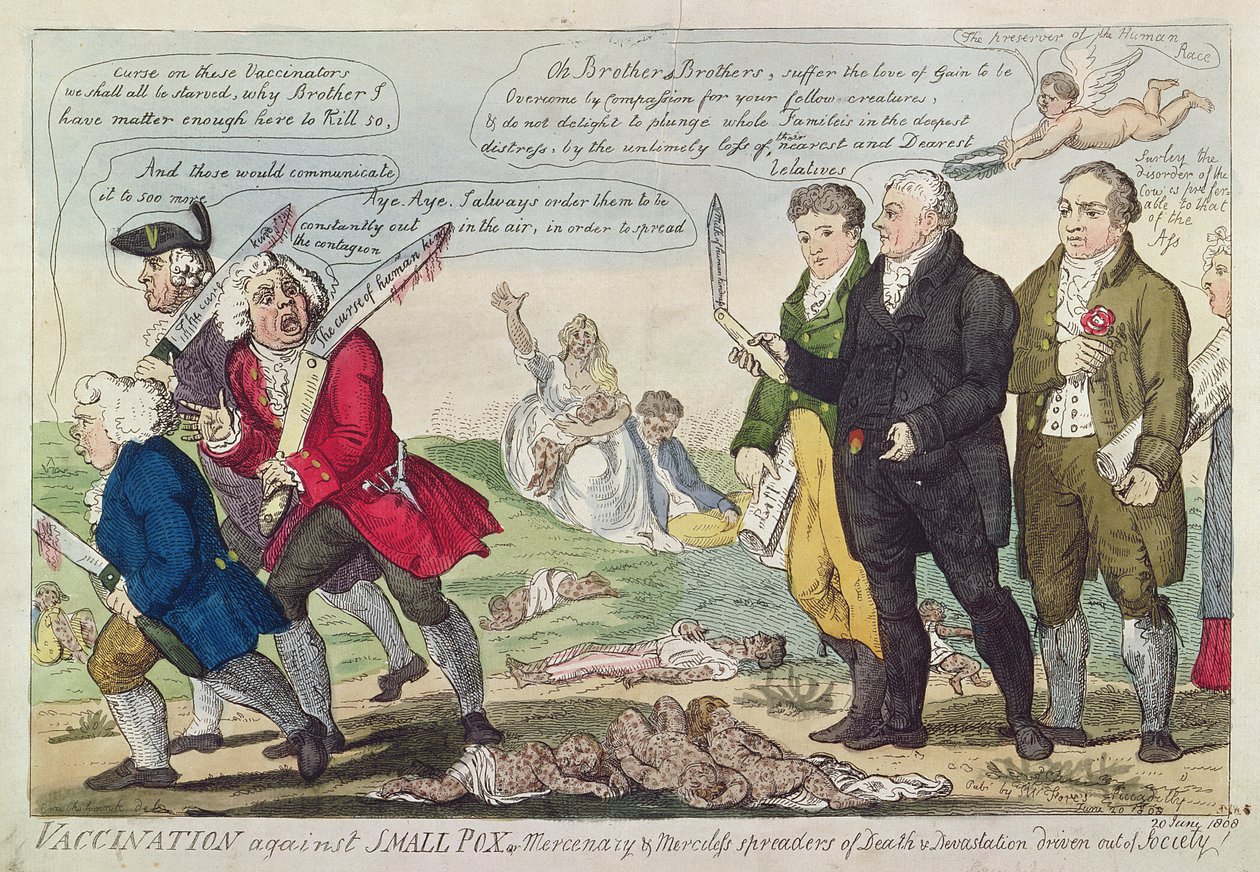 Vaccination mod småkopper eller "Mercenary and Merciless spreaders of Death and Devastation driven out of society!", 1808 (farvetegning) af Isaac Robert Cruikshank