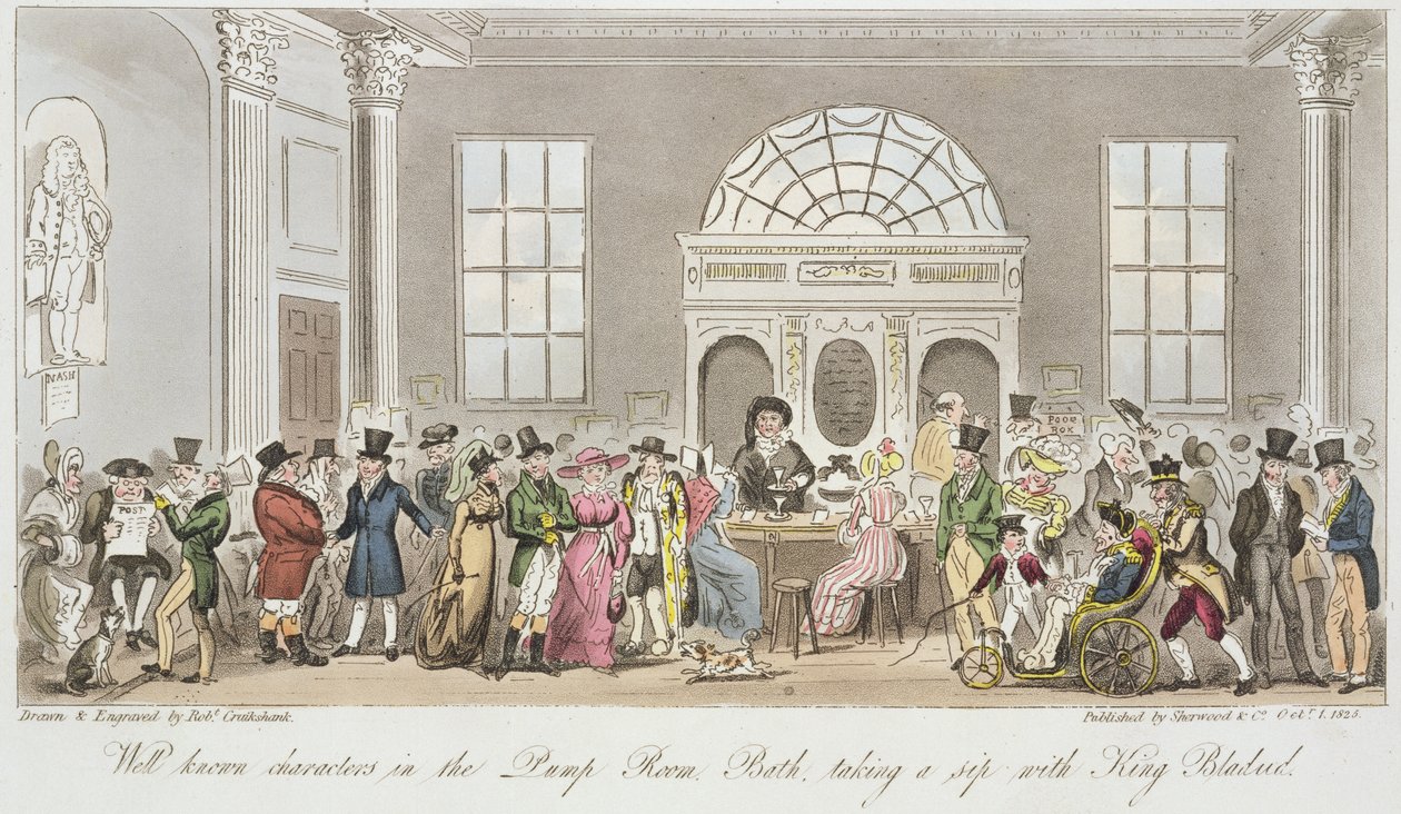 Velkendte figurer i pumperummet, bad, tager en slurk med kong Bladud, tryk udgivet af Sherwood und Co, 1825 af Isaac Robert Cruikshank