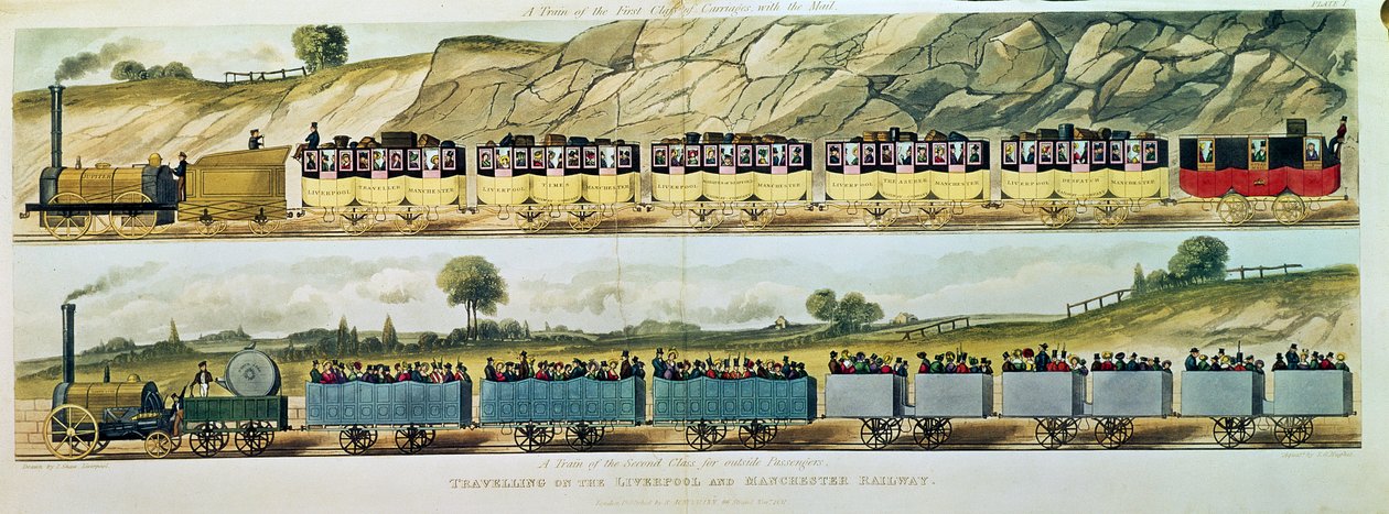Rejser på Liverpool og Manchester Railway: Et tog af første klasse af vogne med posten og et tog af anden klasse for eksterne passagerer, indgraveret af S.G. Hughes, pub. af R.A af Isaac Shaw