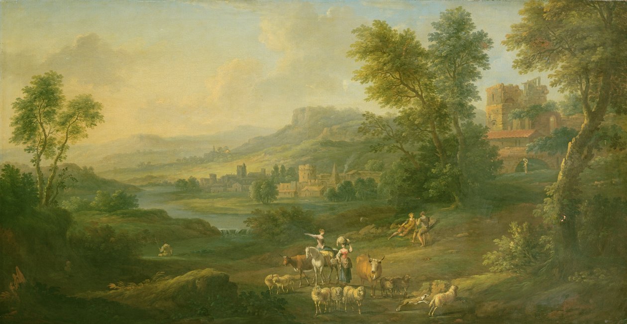 Drovere og Hyrinderinder i et idyllisk Pastoralt Landskab af Isaac de Moucheron