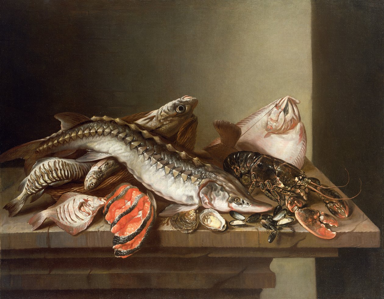Stilleben af fisk på et bord af Isaac van Duynen