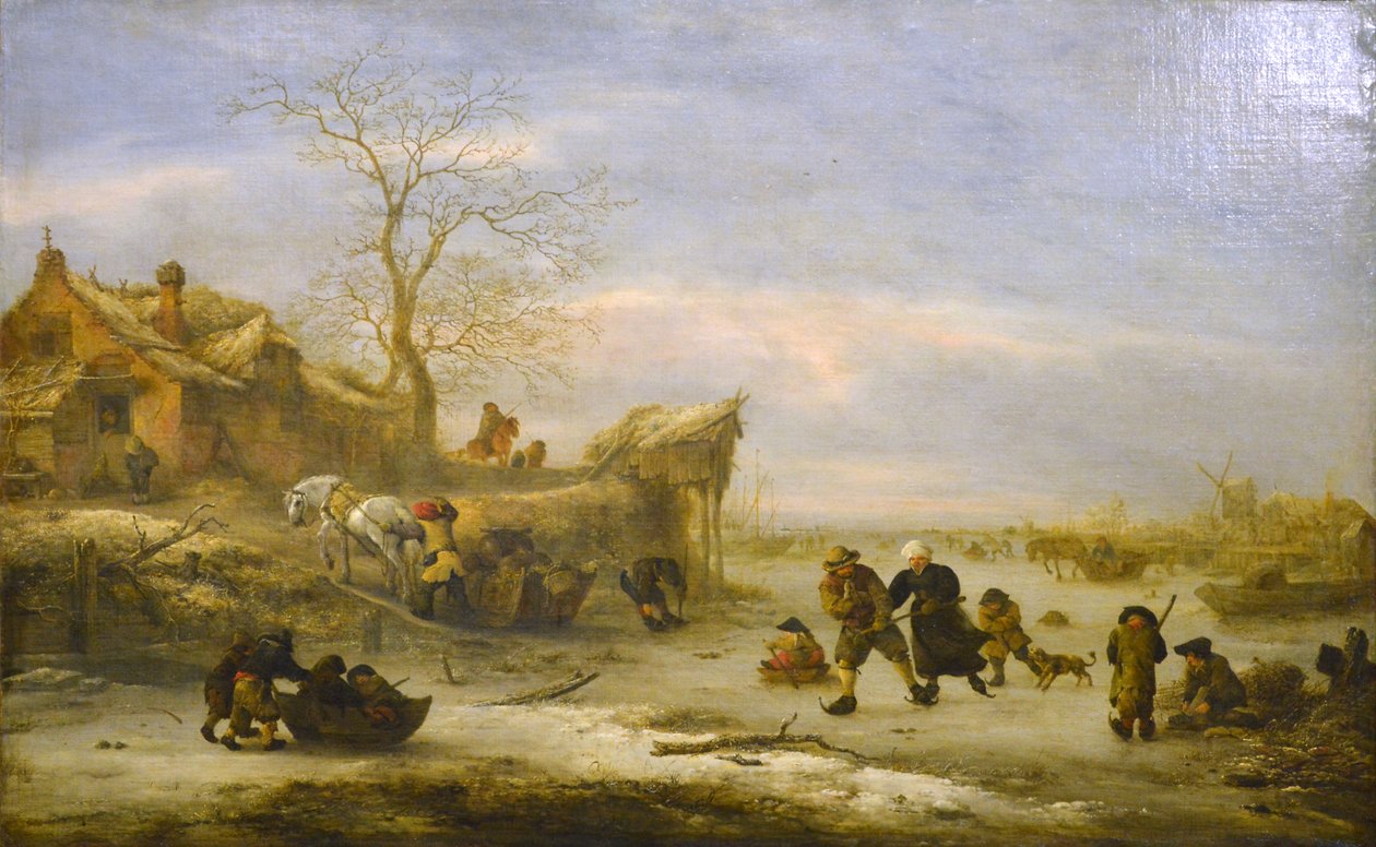 Frossen kanal med parskøjteløb af Isaac van Ostade