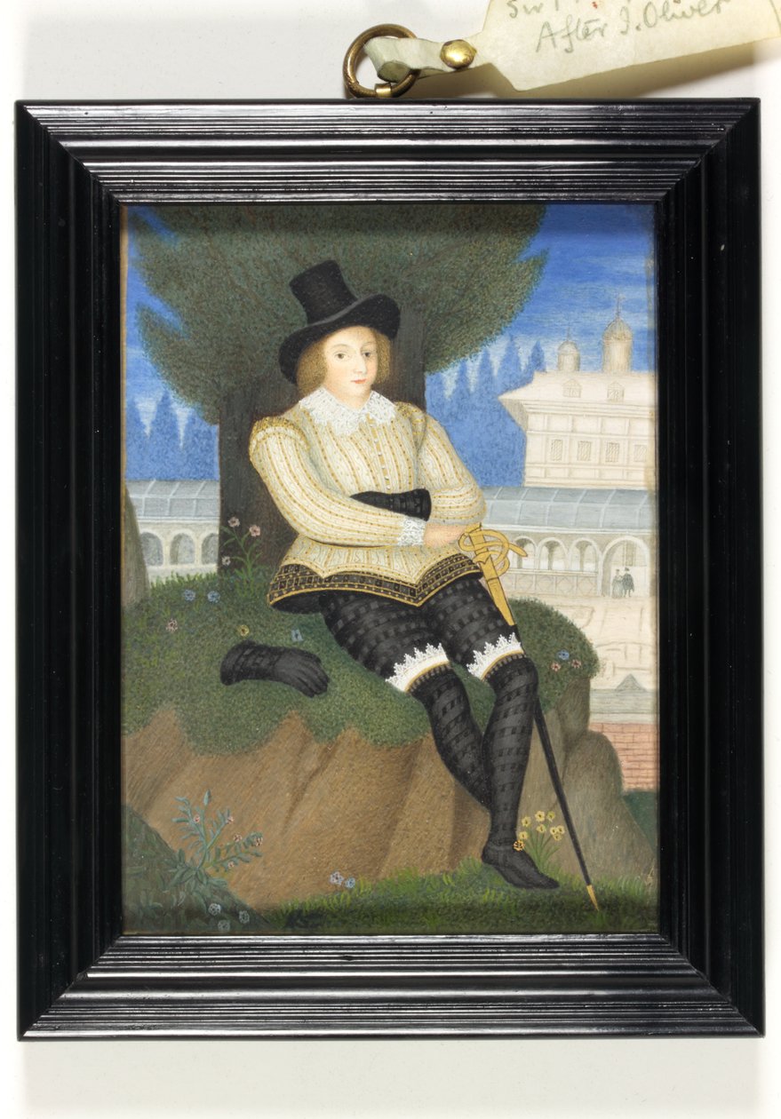 En gentleman traditionelt identificeret som Sir Philip Sydney (akvarel på vellum) af Isaac (after) Oliver