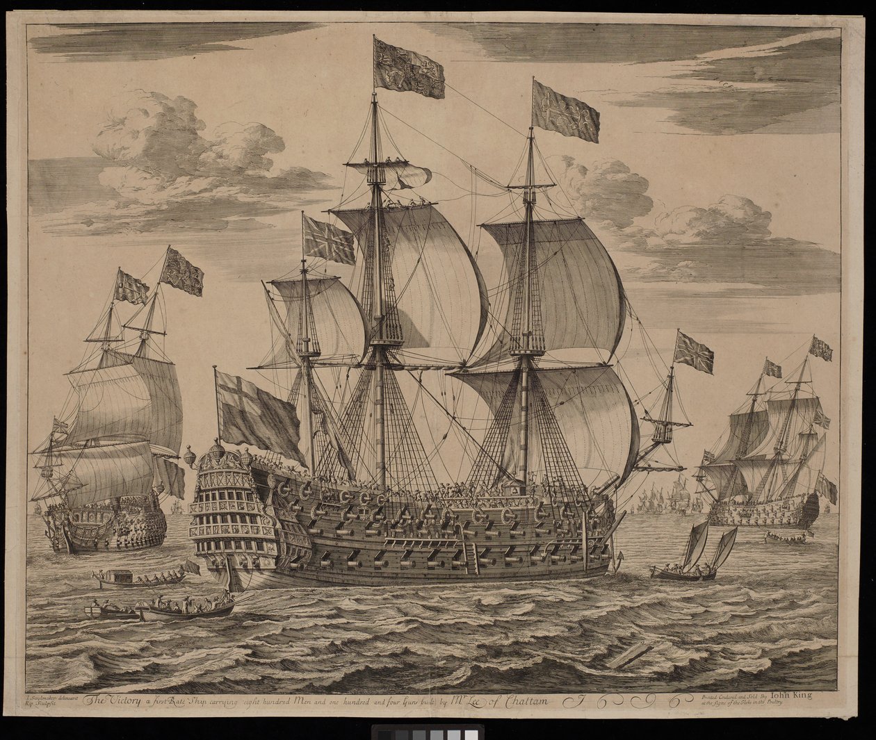 Victory et førsteklasses skib med otte hundrede mand og et hundrede og fire kanoner bygget af Mr Lee fra Chatham (gravering) af Isaac (after) Sailmaker