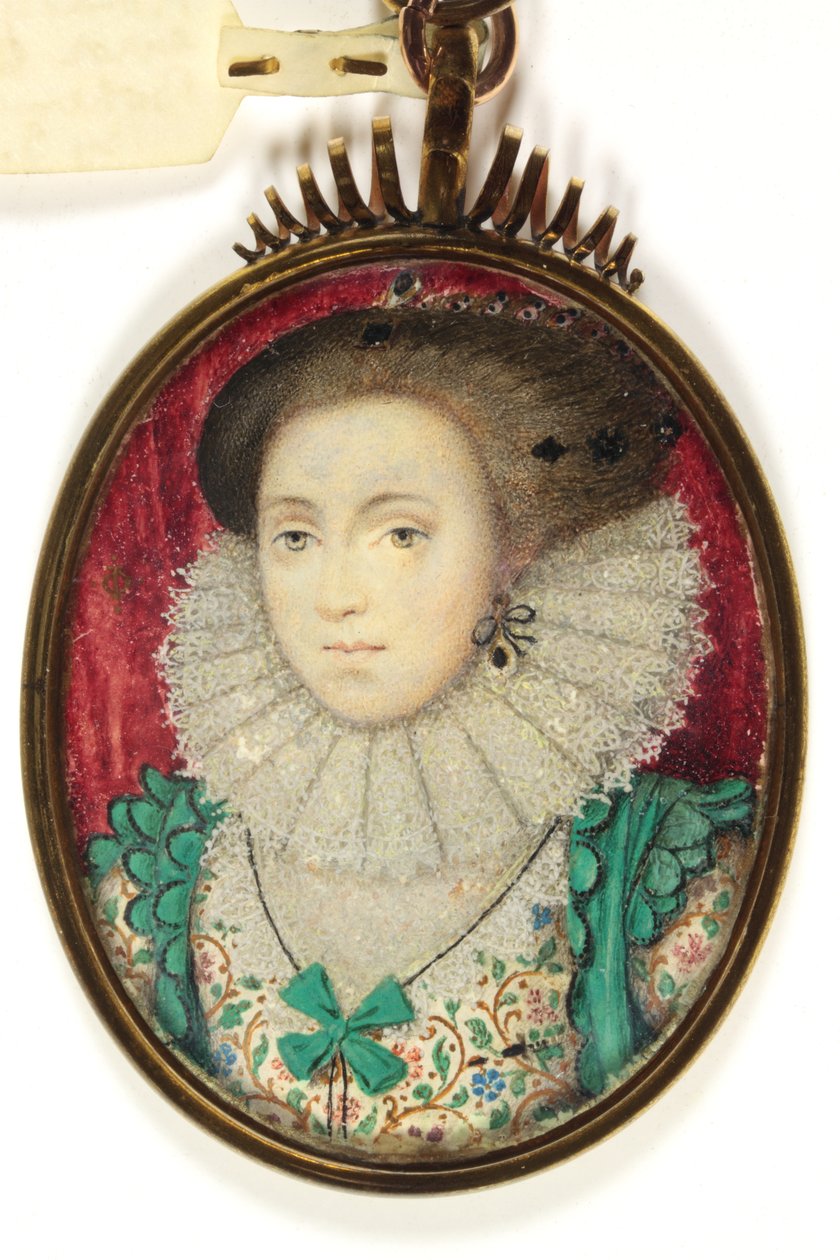 En dame traditionelt identificeret som fru Holland, Lady Cope (akvarel på vellum) af Isaac (attr. to) Oliver