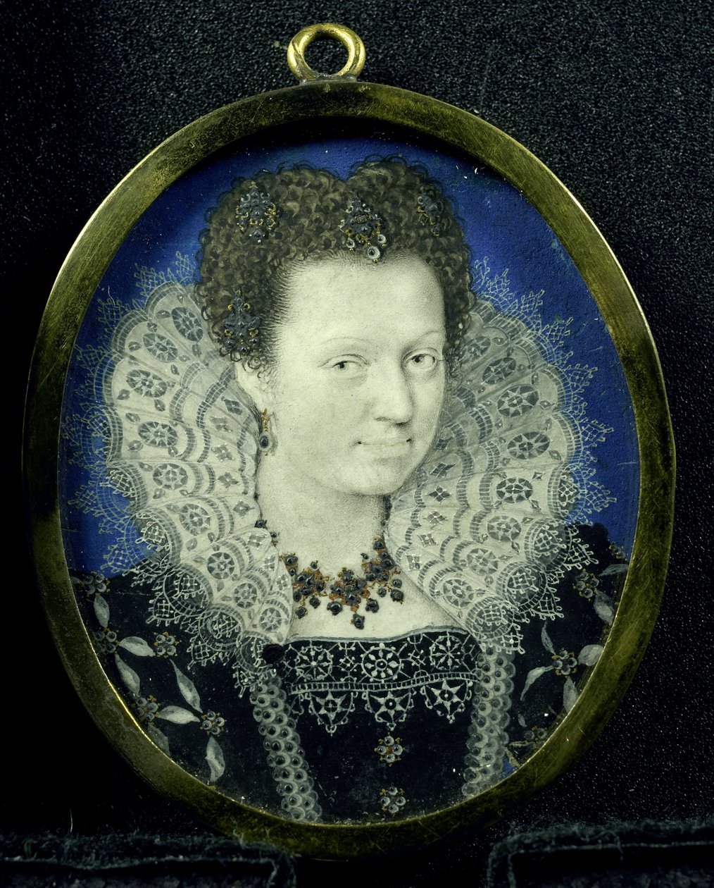 Portræt af en kvinde, ca. 1600-17 (pergament, metal og glas) af Isaac (attr. to) Oliver