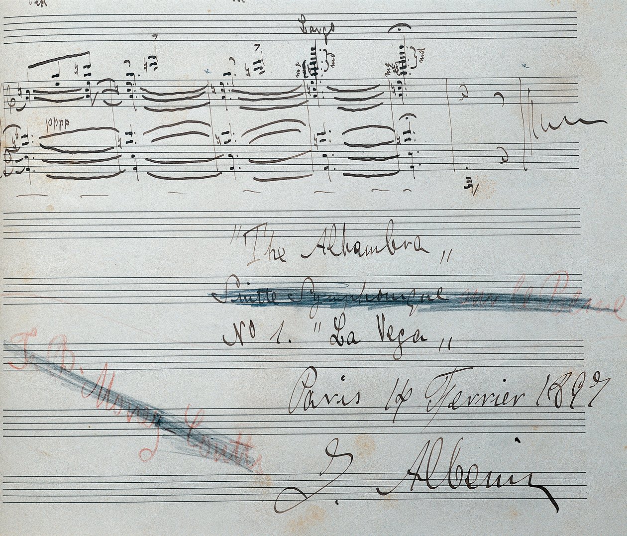 Noder til klaversuiten "" La Vega "" med autograf af Isaac Albeniz (1860-1909), spansk komponist og pianist. Manuskriptdato 14. februar 1897. National Library of Catalonia. af Isaac Albeniz