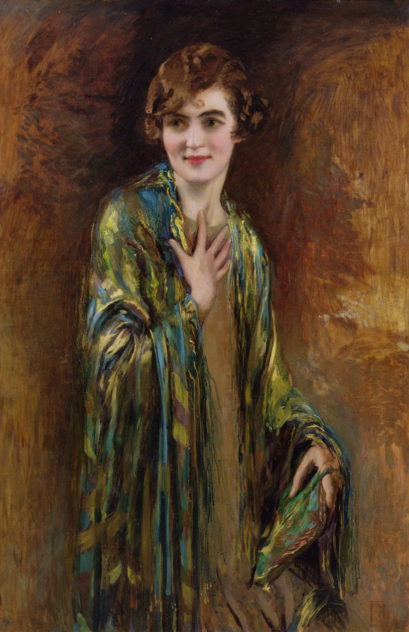 Portræt af en pige med et grønt sjal, ca. 1920 af Isaac Cohen