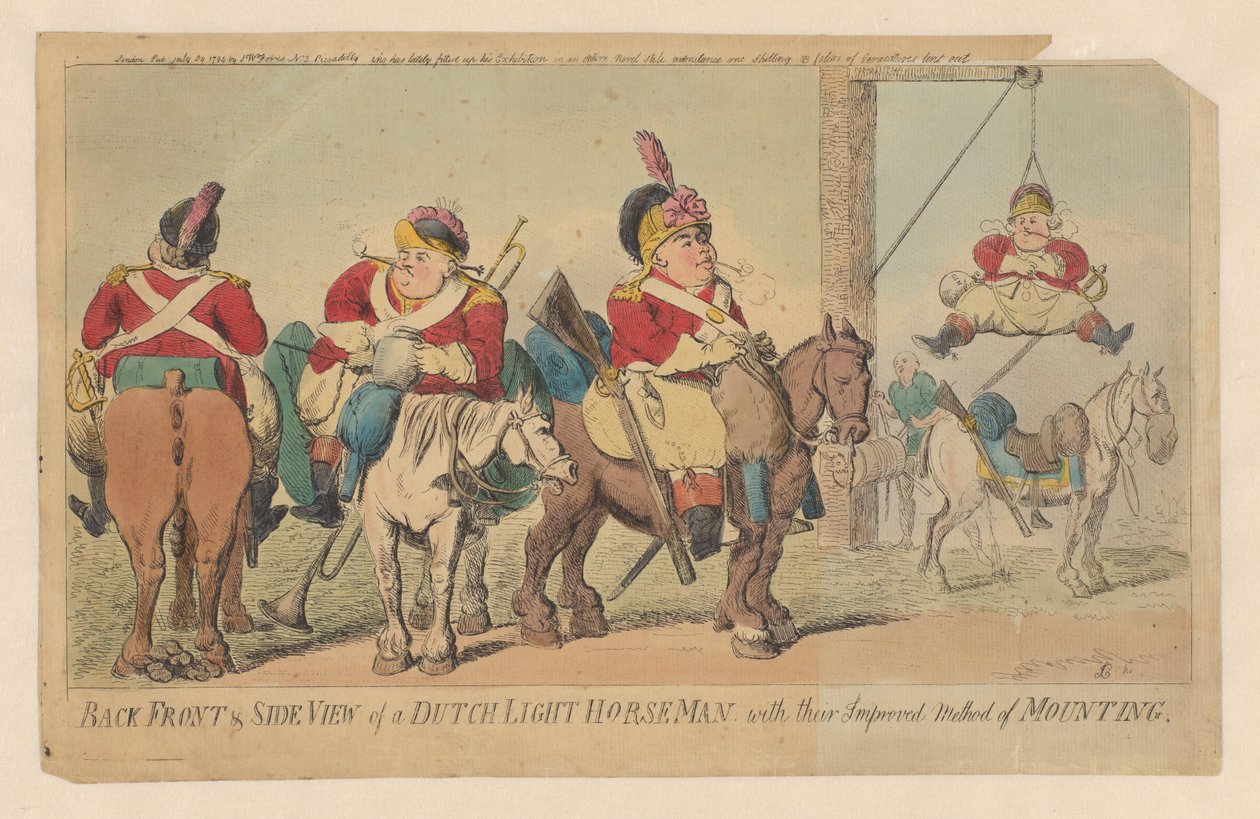 Forbedret metode af det hollandske lette kavaleri til at bestige en hest Bagsiden og set fra siden af ​​en hollandsk let rytter, med deres forbedrede monteringsmetode (titel på objekt) af Isaac Cruikshank (signed by artist)