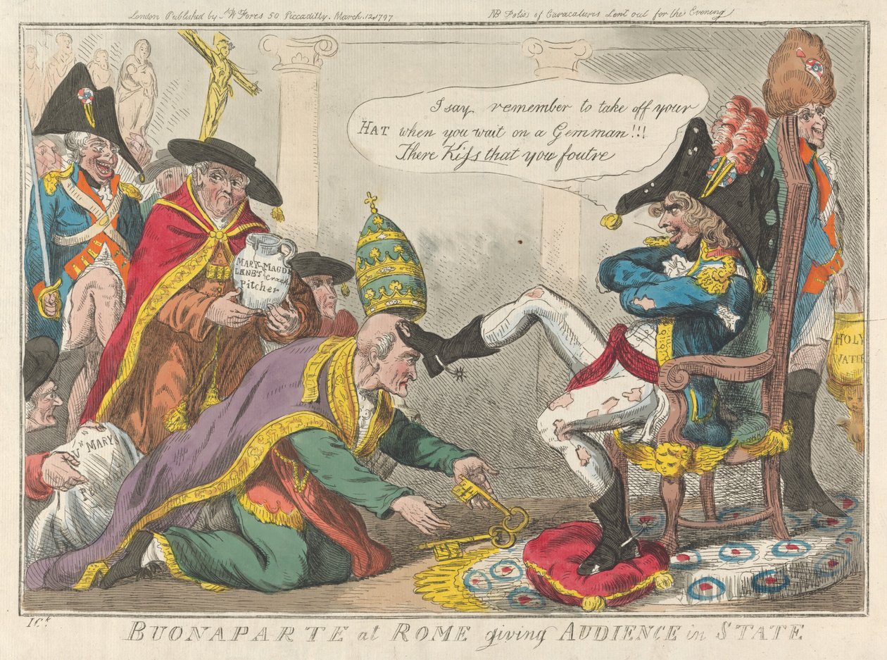 Buonaparte in Rom gibt Audienz im Staatsgewand af Isaac Cruikshank