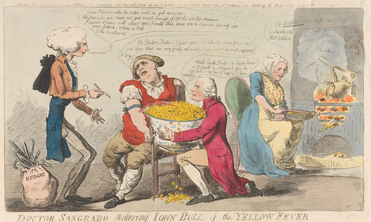 Doktor Sangrado befreit John Bull vom Gelbfieber af Isaac Cruikshank