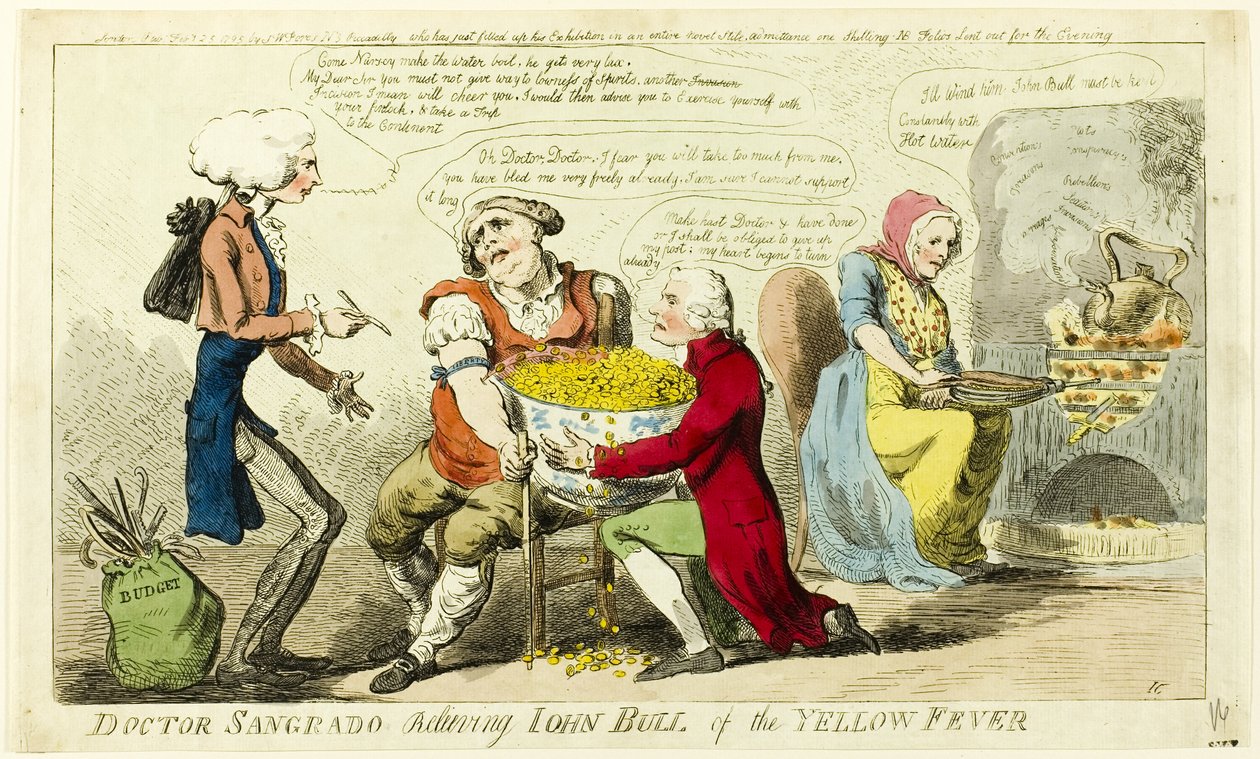 Dr. Sangrado lindrer John Bull fra gul feber af Isaac Cruikshank