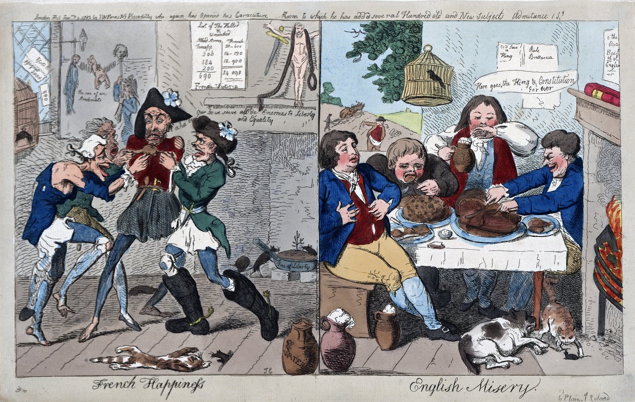 Fransk lykke: English Misery, pub. 1793 (håndkoloreret gravering) af Isaac Cruikshank