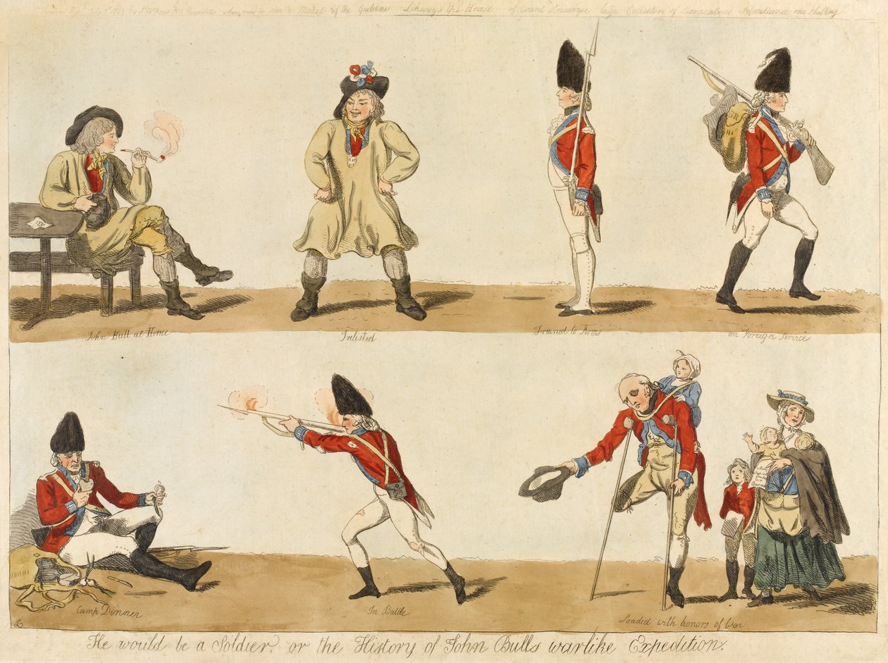 Ville han være soldat? eller The History of John Bulls krigeriske ekspedition, 1793 (farvet radering) af Isaac Cruikshank