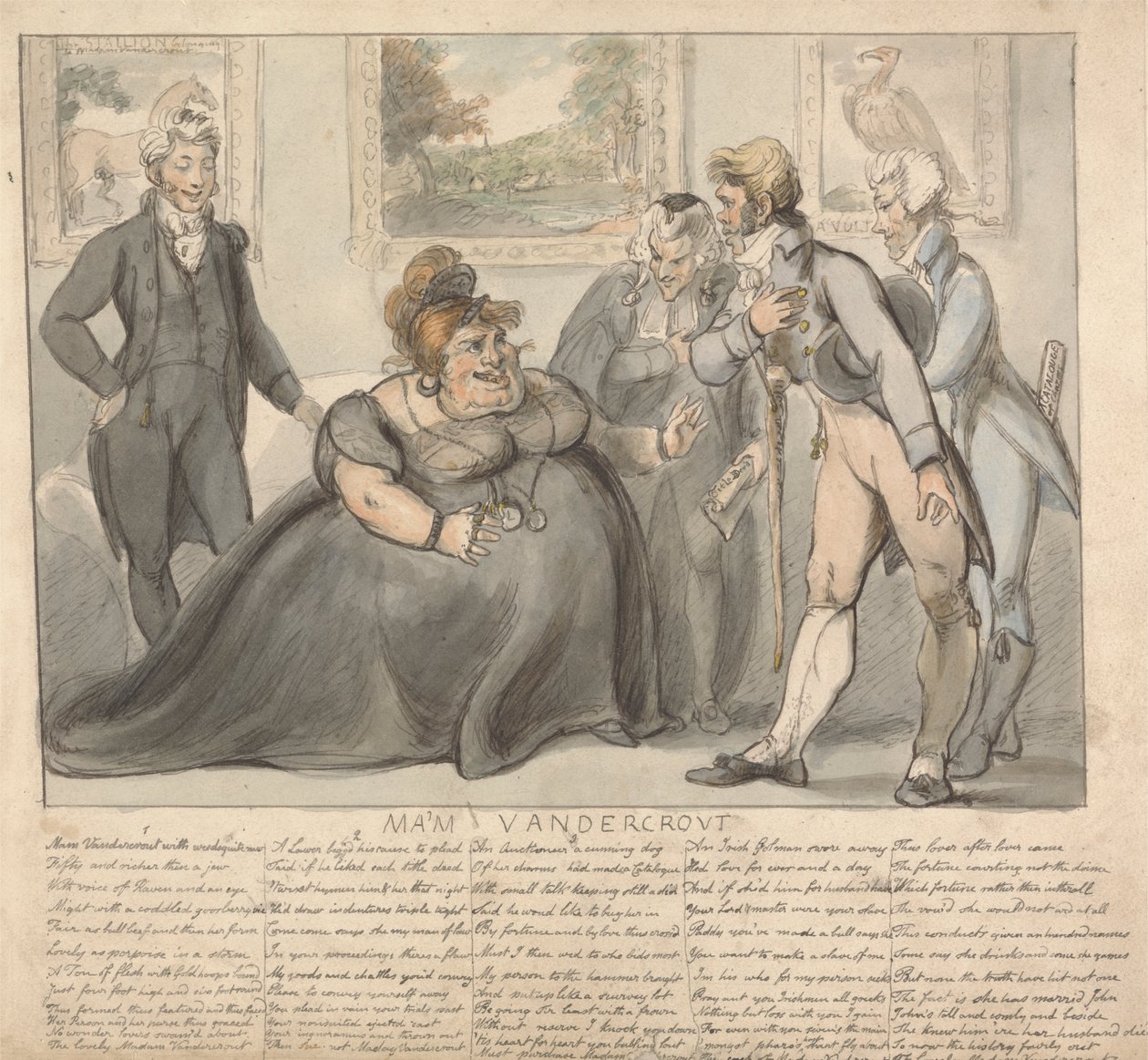 Fru Vandercrout og bejlere af Isaac Cruikshank