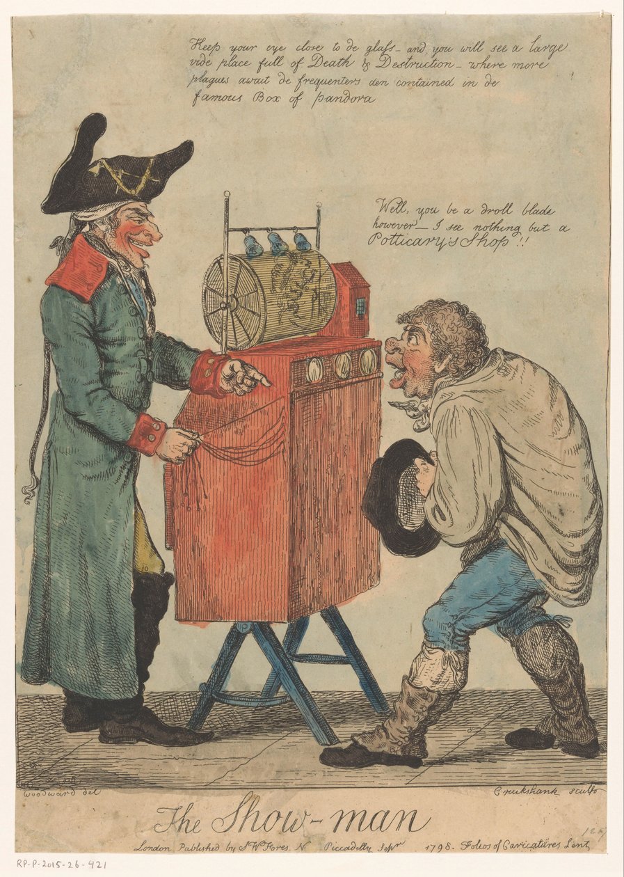 Mand med et udsigtsskab The Show Man (titel på objekt) af Isaac Cruikshank