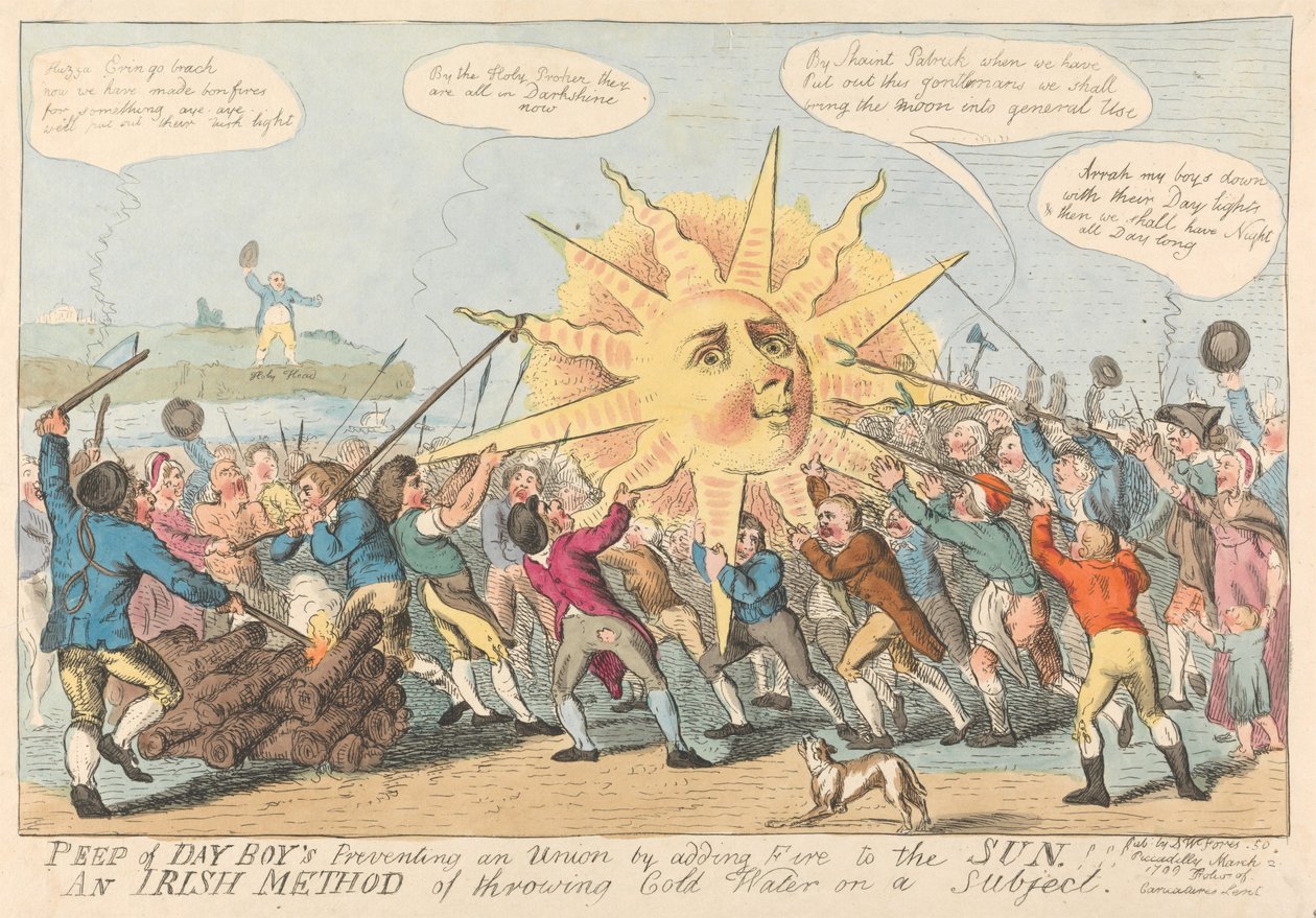 Peep of Day Boy verhindert eine Union, indem er Feuer zur Sonne hinzufügt. / Eine irische Methode, kaltes Wasser auf ein Thema zu gießen! af Isaac Cruikshank
