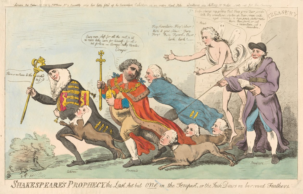 Shakespeares Prophezeiung, der letzte Akt von einem in Der Sturm, oder die Dohle in geliehenen Federn (aus: Karikatur, Bd. 3) af Isaac Cruikshank