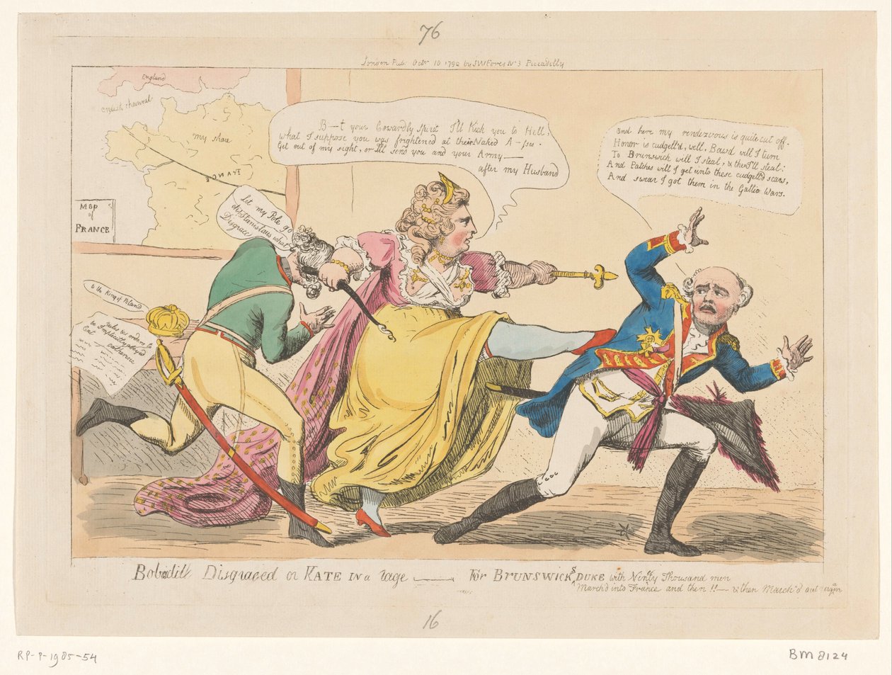 Spotprent op Catherina II, 1792 Bobadil vanæret eller Kate i raseri - For Brunswicks Duke (titel på objektet) af Isaac Cruikshank