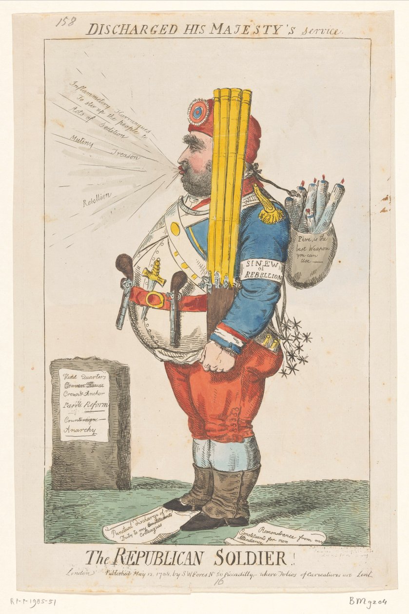 Spotprent af Charles James Fox, 1798 Den republikanske soldat! (titel på objekt) af Isaac Cruikshank