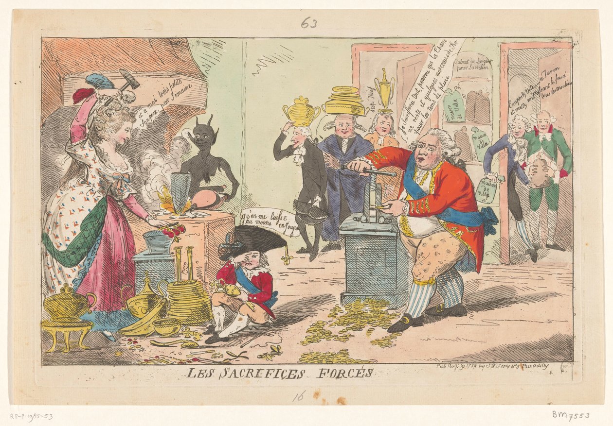 Spotlight på Marie Antoinette i Lodewijk XVI, 1789 Tvangsofre (titel på objekt) af Isaac Cruikshank