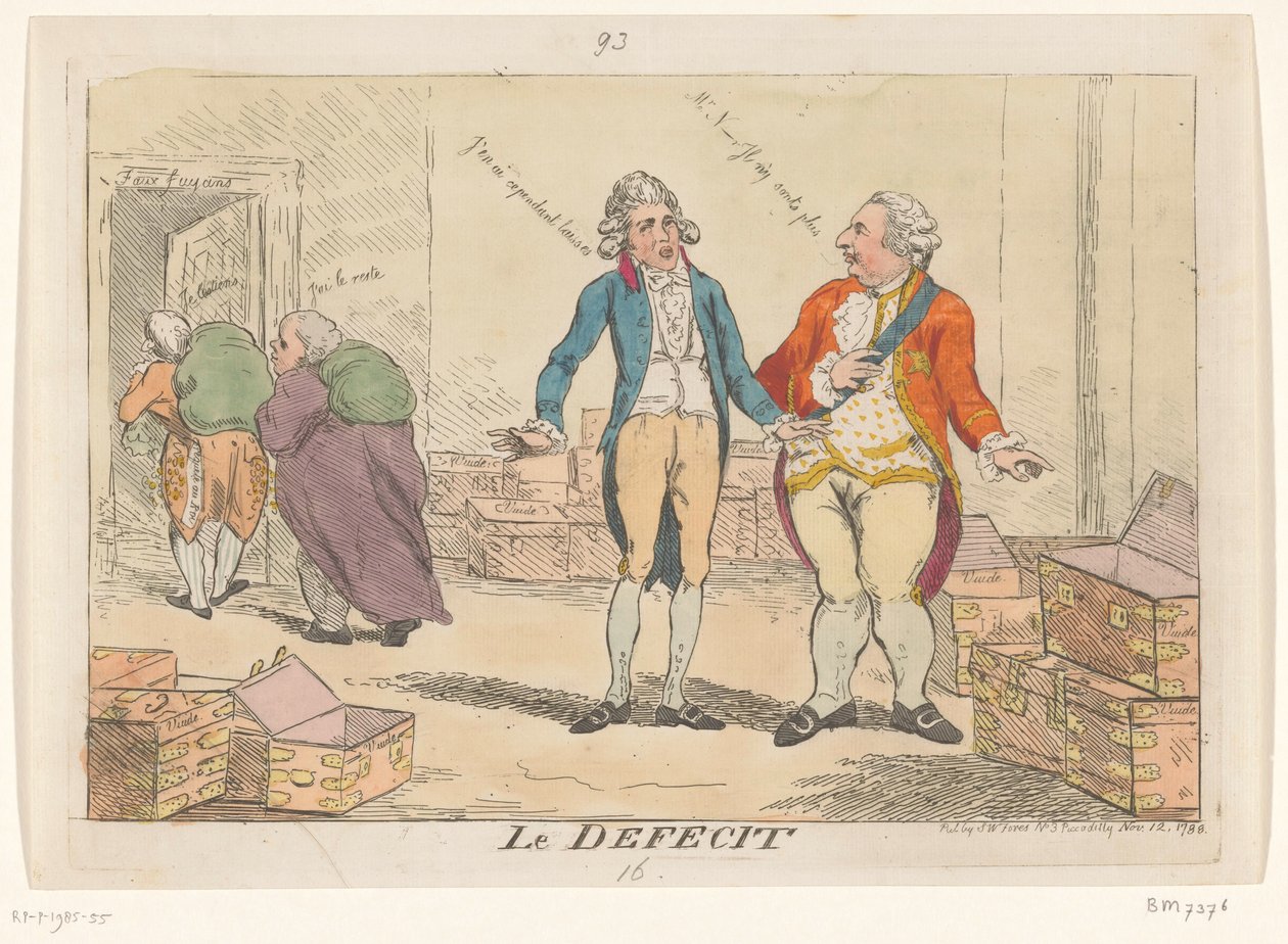 Tegneserie om den franske finanskrise, 1788 Le Defecit (titel på objekt) af Isaac Cruikshank