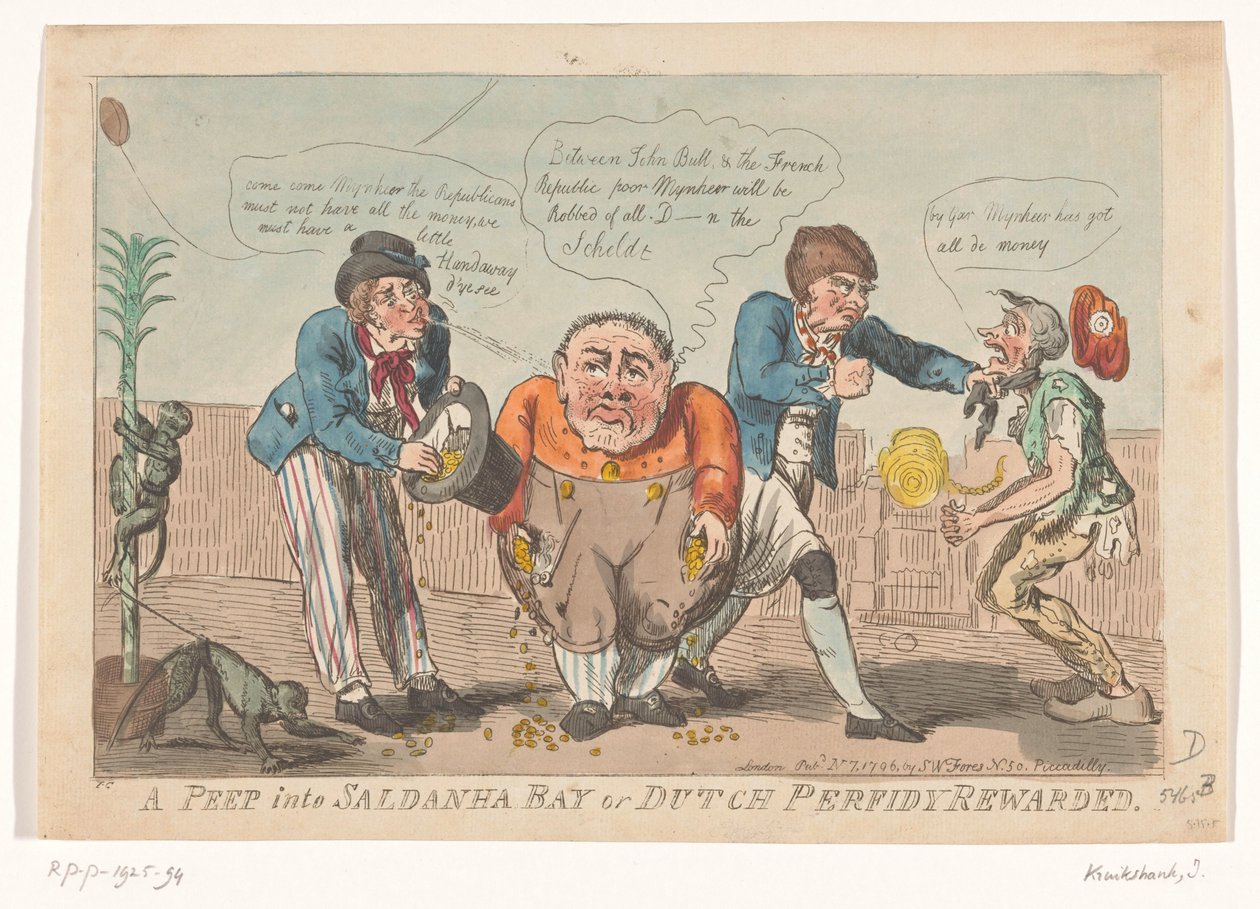 Tegneserie om kapitulation af den bataviske flåde i Baldanhabaai, 1796 Et kig ind i Saldanha -bugten eller hollandsk Ferfidy belønnet (titel på objekt) af Isaac Cruikshank