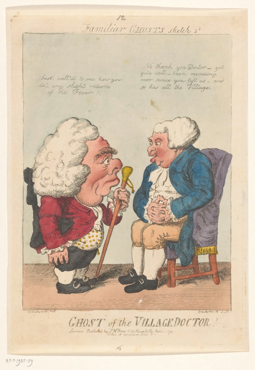 Spotprent op de dorpsarts, 1799 Landsbydoktorens spøgelse! (titel på objekt) Familiar Ghosts (serietitel på objekt) af Isaac Cruikshank