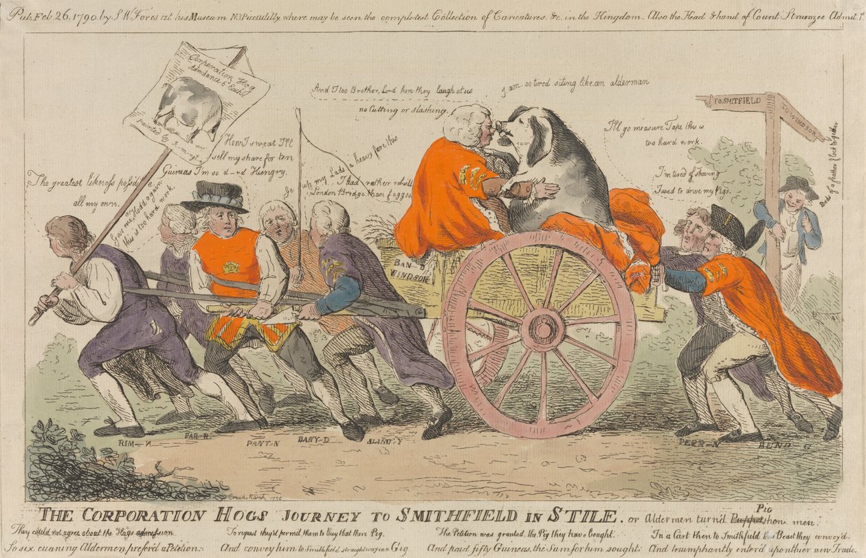 Die Reise der Corporation Hogs nach Smithfield im Stil, oder Stadträte als Schweineschau-Männer af Isaac Cruikshank