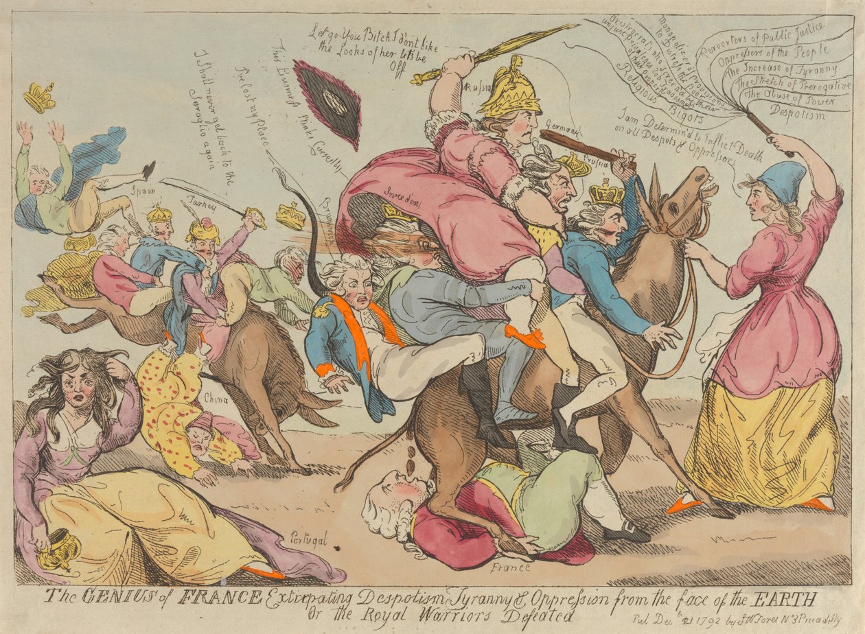 Der Genius Frankreichs, der Despotismus, Tyrannei und Unterdrückung von der Erde vertreibt af Isaac Cruikshank