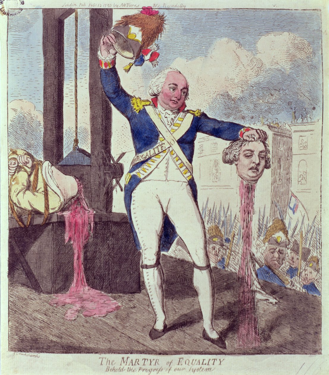 The Martyr of Equality: Behold the Progress of our System, pub. af S.W. Fores, 1793 af Isaac Cruikshank