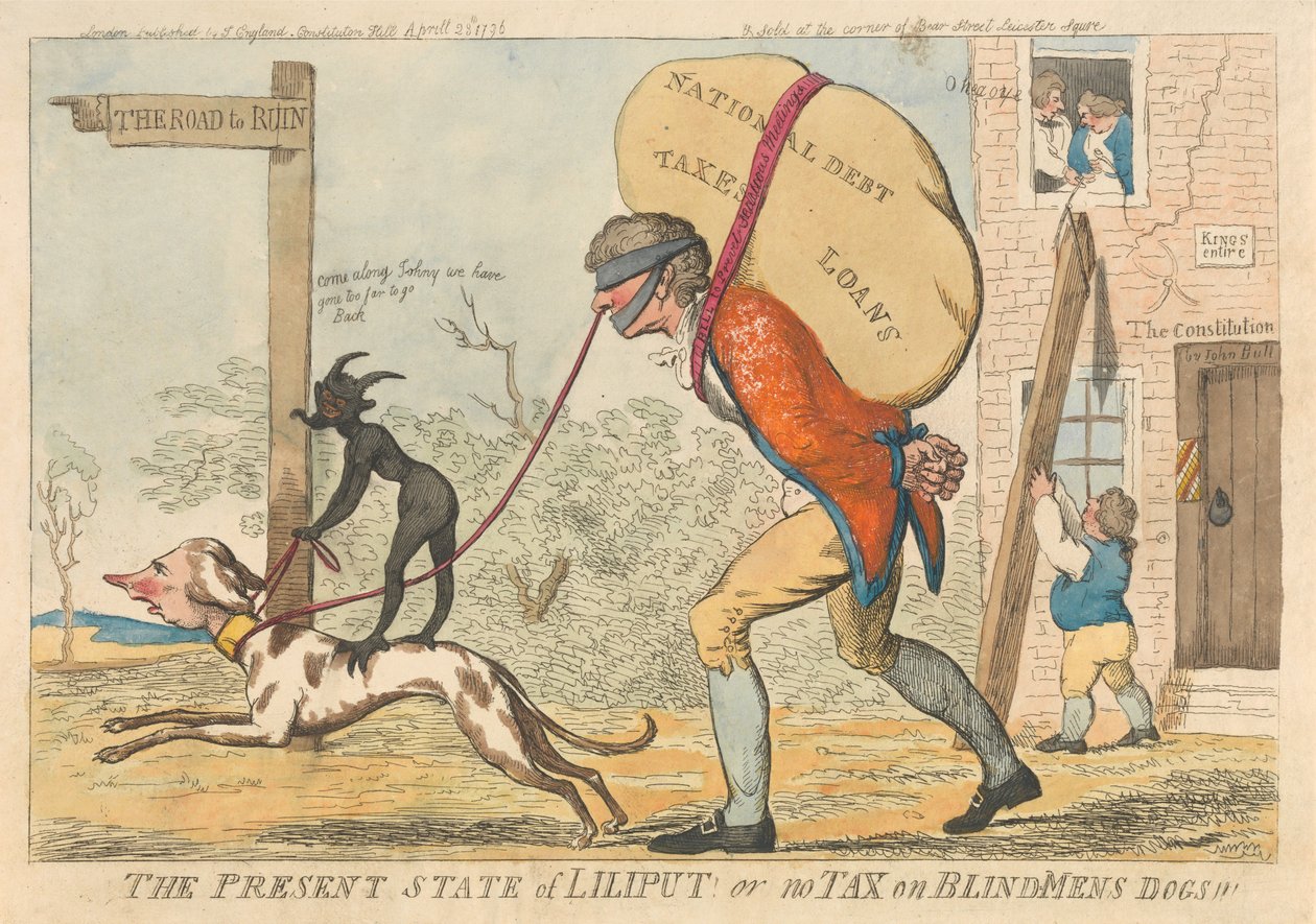 Der gegenwärtige Zustand von Liliput oder Keine Steuer auf Blindenhunde af Isaac Cruikshank