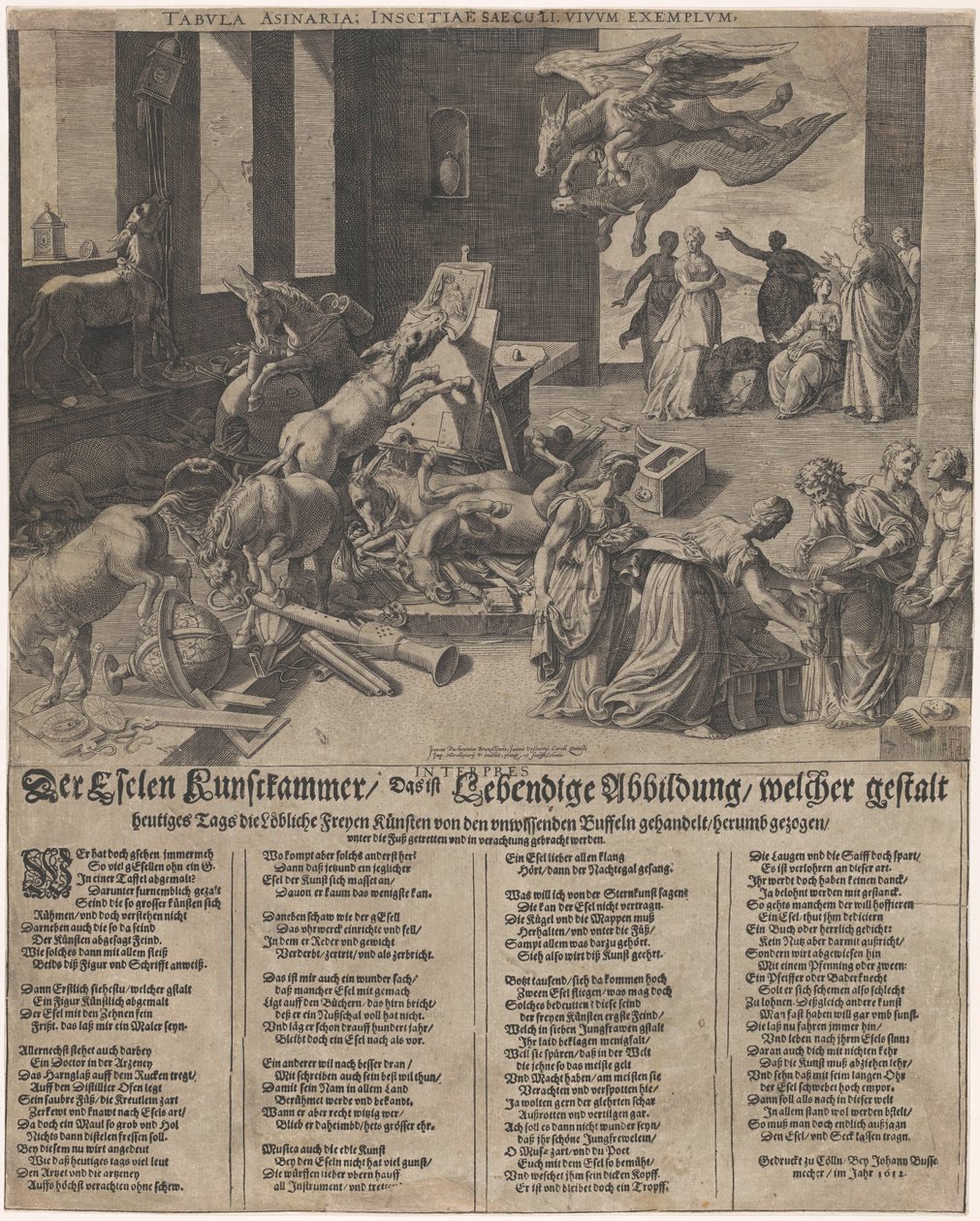Ezels bruger et kunstkammer Æslet Kunstkammer, altså en levende illustration, i form af hvilken den prisværdige frie kunst i dag håndteres, slæbt rundt af den uvidende bøffel (...) (titel på objekt) af Isaac Duchemin